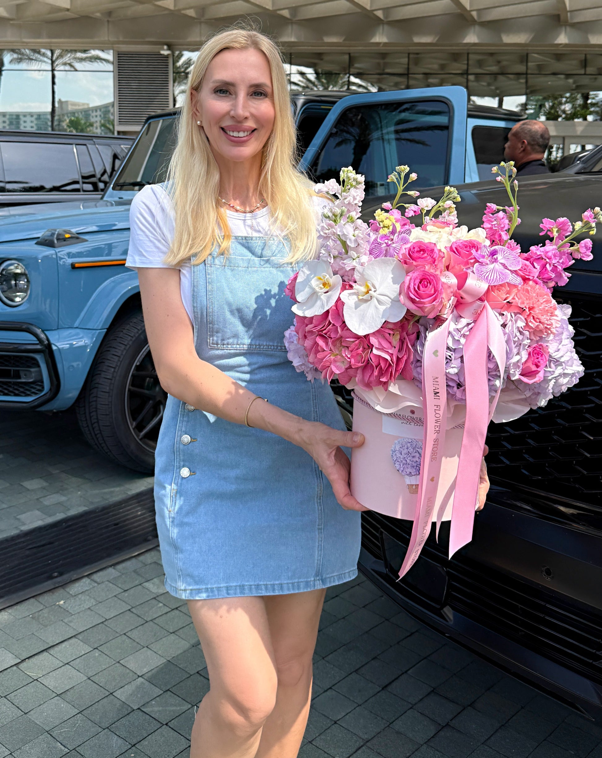 Bright Pink Roses, Hydrangeas & Orchids Flower Bouquet In A Box - Miami Flower Store Same-Day Delivery Fort Lauderdale Brickell Aventura Las Olas Hallendale Beach Hollywood Sunny Isles