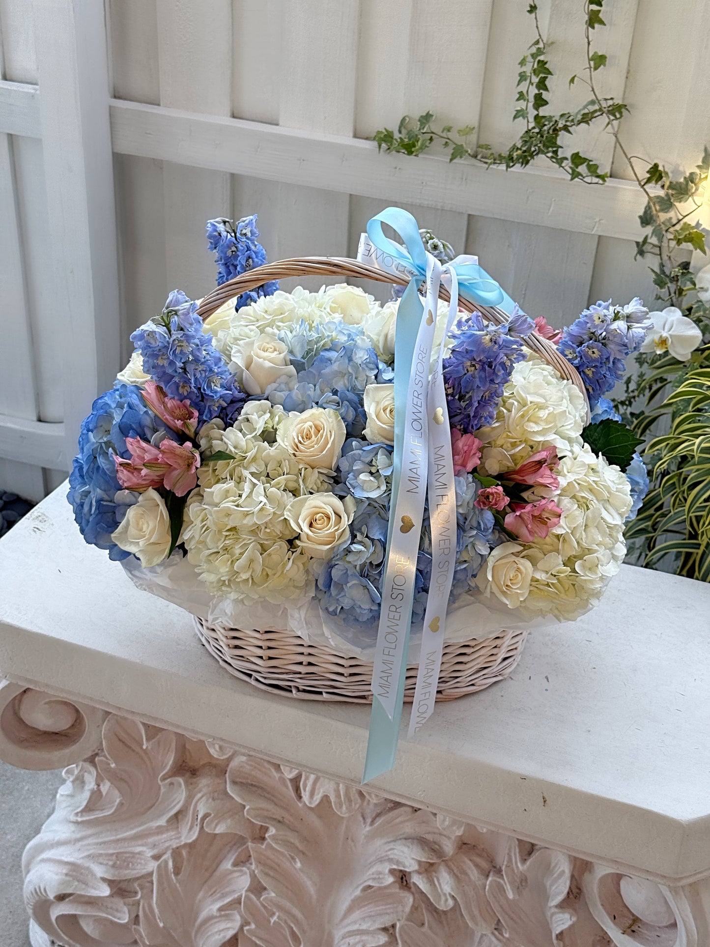 Blue Flower Basket With Hydrangea, Roses & Delphinium - Miami Flower Store Same-Day Delivery Fort Lauderdale Brickell Aventura Las Olas Hallendale Beach Hollywood Sunny Isles