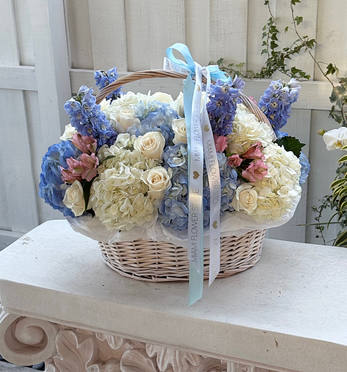 Blue Flower Basket With Hydrangea, Roses & Delphinium - Miami Flower Store Same-Day Delivery Fort Lauderdale Brickell Aventura Las Olas Hallendale Beach Hollywood Sunny Isles