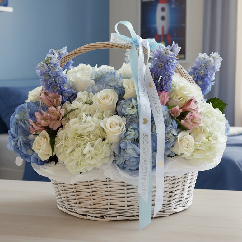 Blue Flower Basket With Hydrangea, Roses & Delphinium - Miami Flower Store Same-Day Delivery Fort Lauderdale Brickell Aventura Las Olas Hallendale Beach Hollywood Sunny Isles