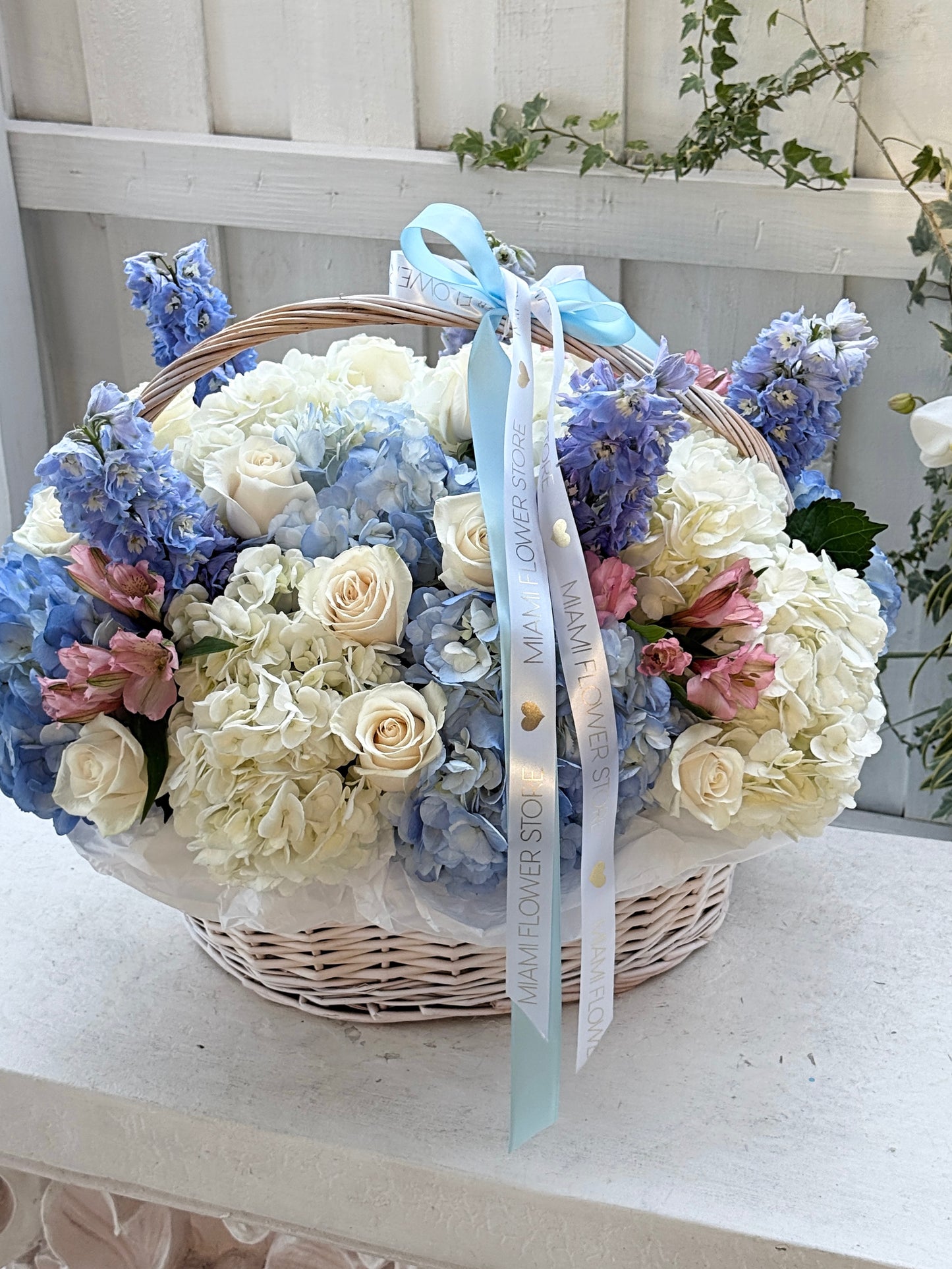 Blue Flower Basket With Hydrangea, Roses & Delphinium - Miami Flower Store Same-Day Delivery Fort Lauderdale Brickell Aventura Las Olas Hallendale Beach Hollywood Sunny Isles