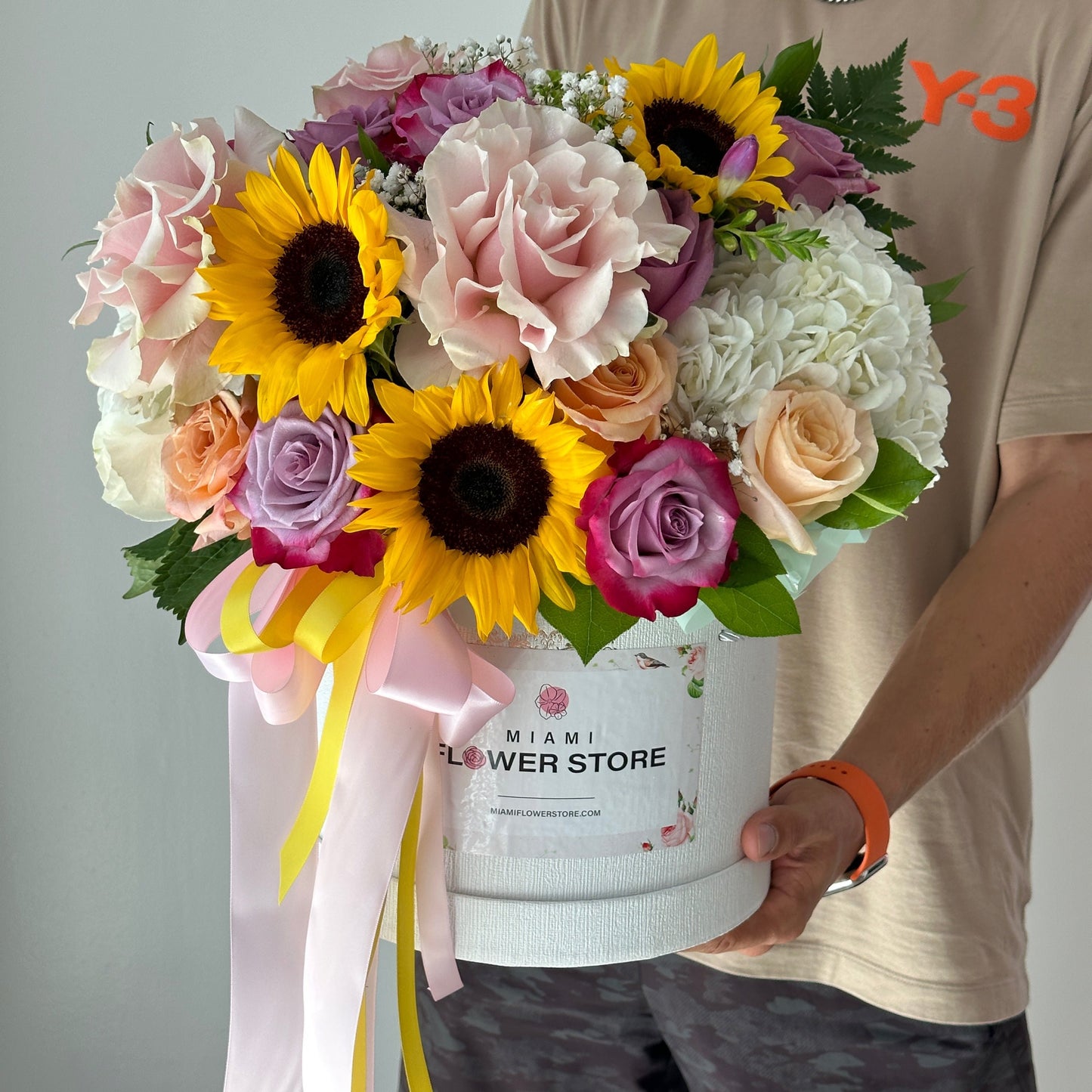Sunflower, Roses, Solidago, & Greens Flower Bouquet In A Box - Miami Flower Store Same-Day Delivery Fort Lauderdale Brickell Aventura Las Olas Hallendale Beach Hollywood Sunny Isles