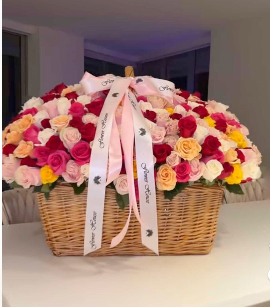 100 Roses In A Basket/ Multi-Colored Roses - Miami Flower Store Same-Day Delivery Fort Lauderdale Brickell Aventura Las Olas Hallendale Beach Hollywood Sunny Isles