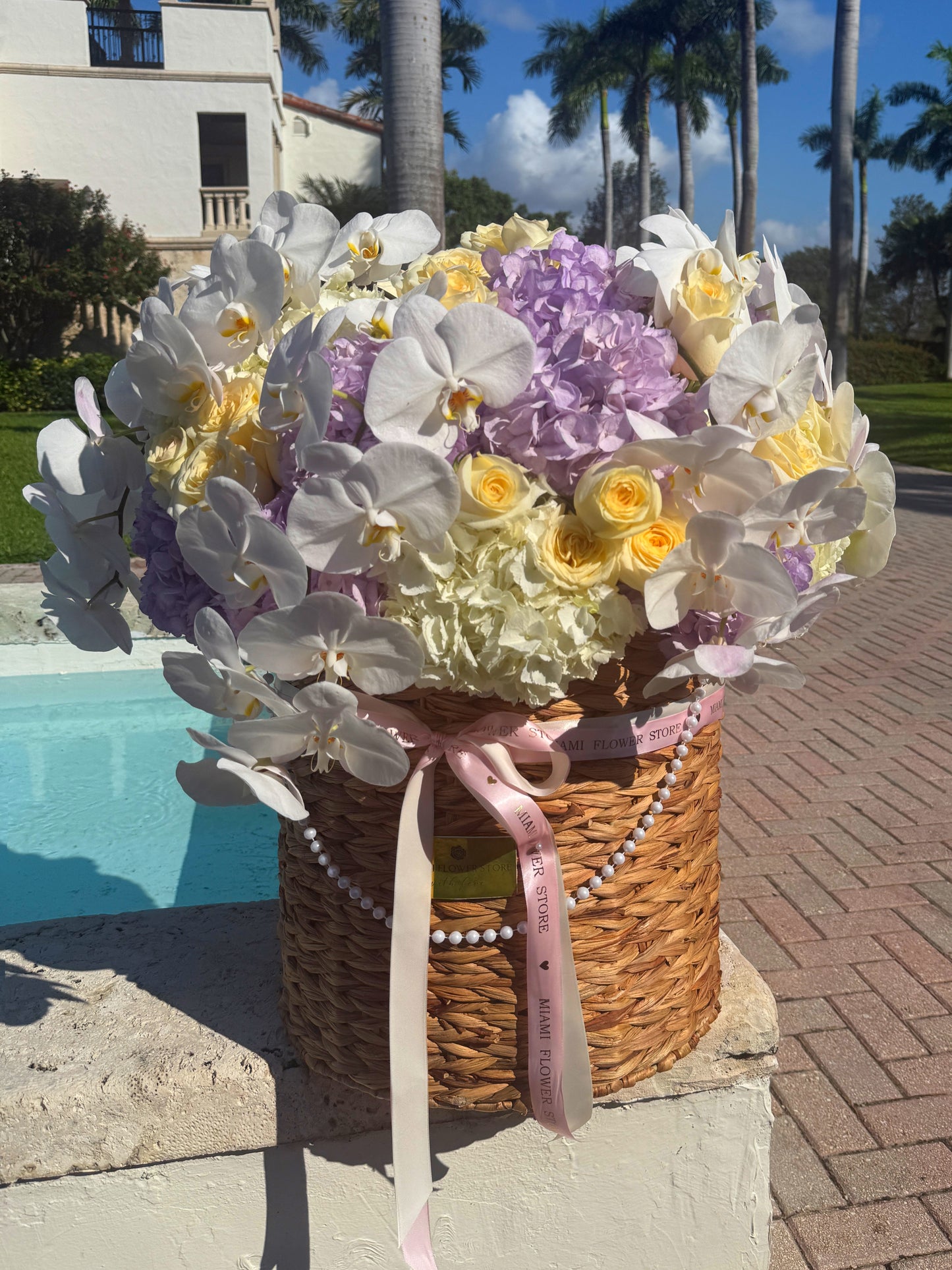 Basket Full Of Hydrangea, Roses, Ranunculus, Orchids - Miami Flower Store Same-Day Delivery Fort Lauderdale Brickell Aventura Las Olas Hallendale Beach Hollywood Sunny Isles