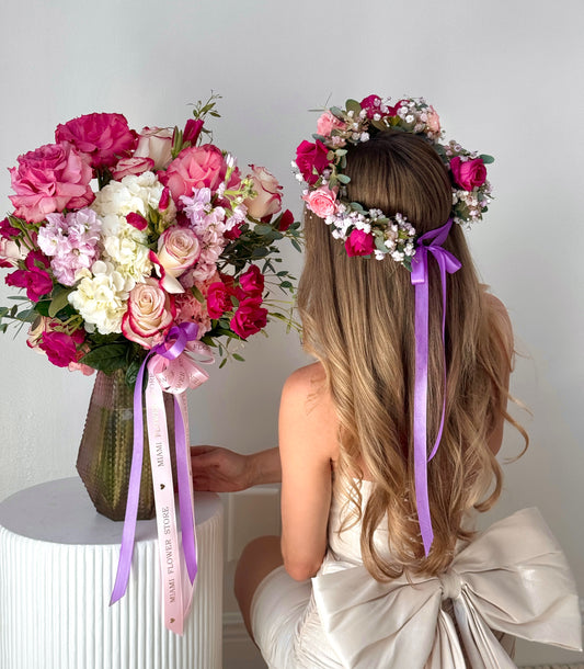 Headpiece & Pink Rose Bouquet In A Vase - Miami Flower Store Same-Day Delivery Fort Lauderdale Brickell Aventura Las Olas Hallendale Beach Hollywood Sunny Isles
