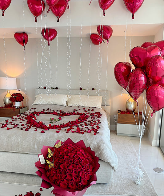Romantic Room Decoration, 100 Red Rose Bouquet, Petals, Balloons, Candles & Chocolate - Miami Flower Store Same-Day Delivery Fort Lauderdale Brickell Aventura Las Olas Hallendale Beach Hollywood Sunny Isles