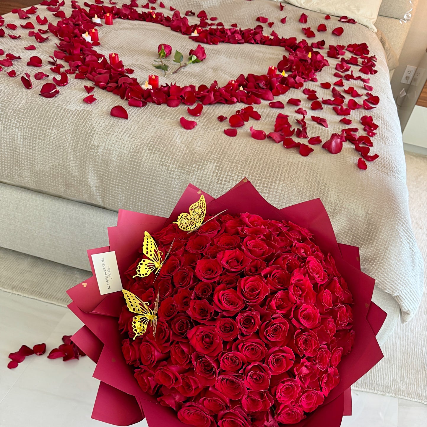 Romantic Room Decoration, 100 Red Rose Bouquet, Petals, Balloons, Candles & Chocolate - Miami Flower Store Same-Day Delivery Fort Lauderdale Brickell Aventura Las Olas Hallendale Beach Hollywood Sunny Isles