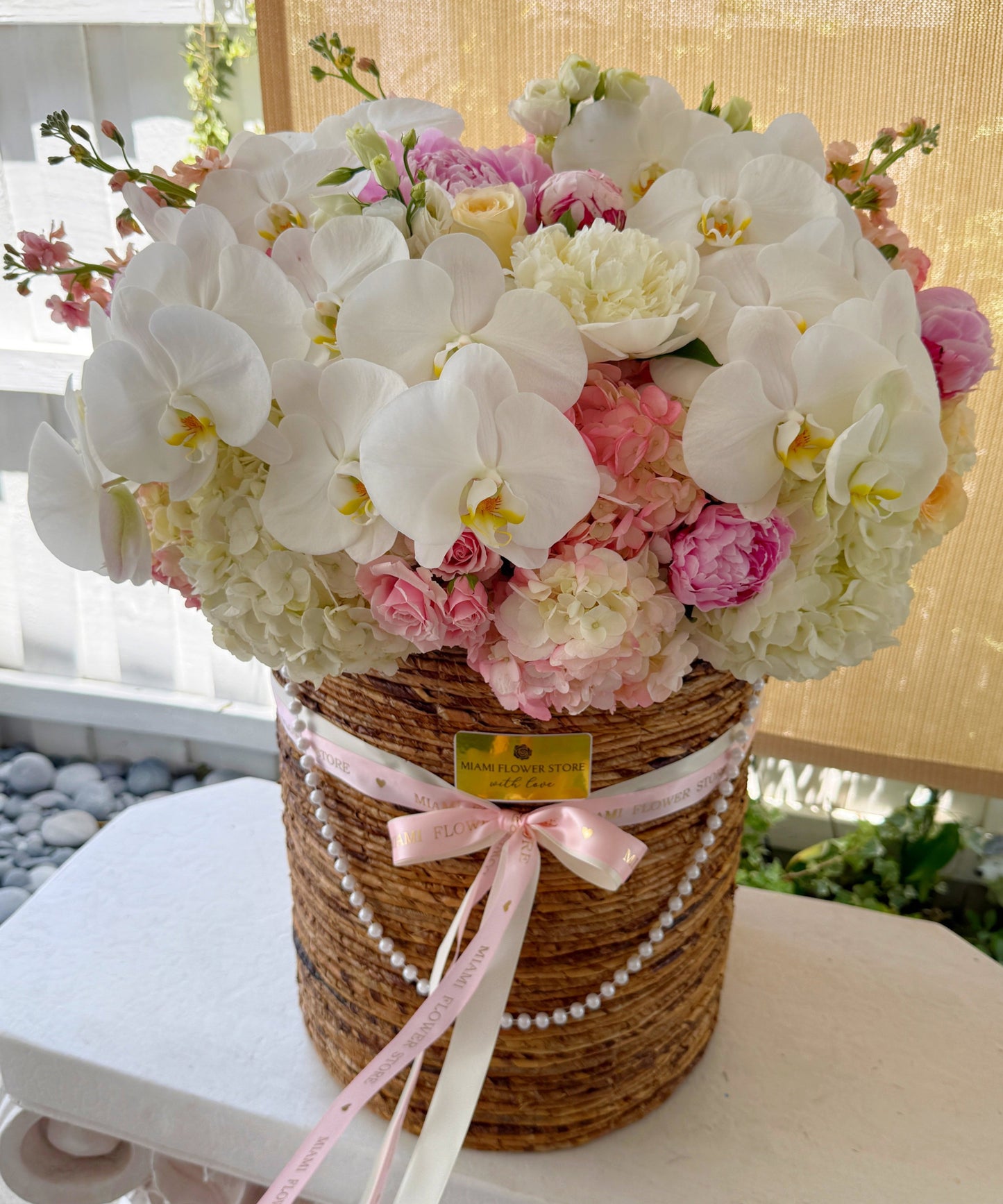 Basket Full Of Hydrangea, Roses, Ranunculus, Orchids - Miami Flower Store Same-Day Delivery Fort Lauderdale Brickell Aventura Las Olas Hallendale Beach Hollywood Sunny Isles