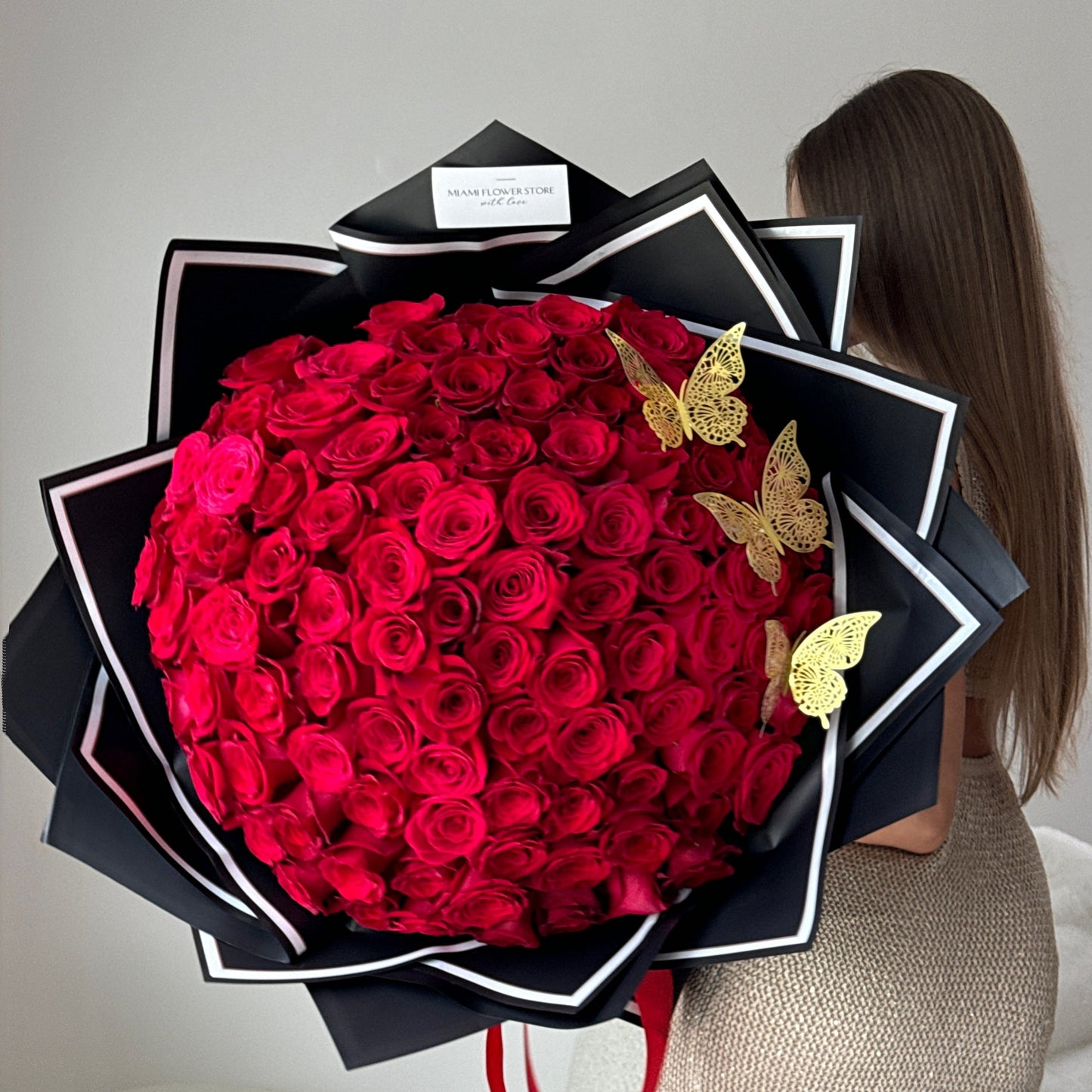 100 Red Rose Flower Bouquet With Gold Butterflies - Miami Flower Store Same-Day Delivery Fort Lauderdale Brickell Aventura Las Olas Hallendale Beach Hollywood Sunny Isles