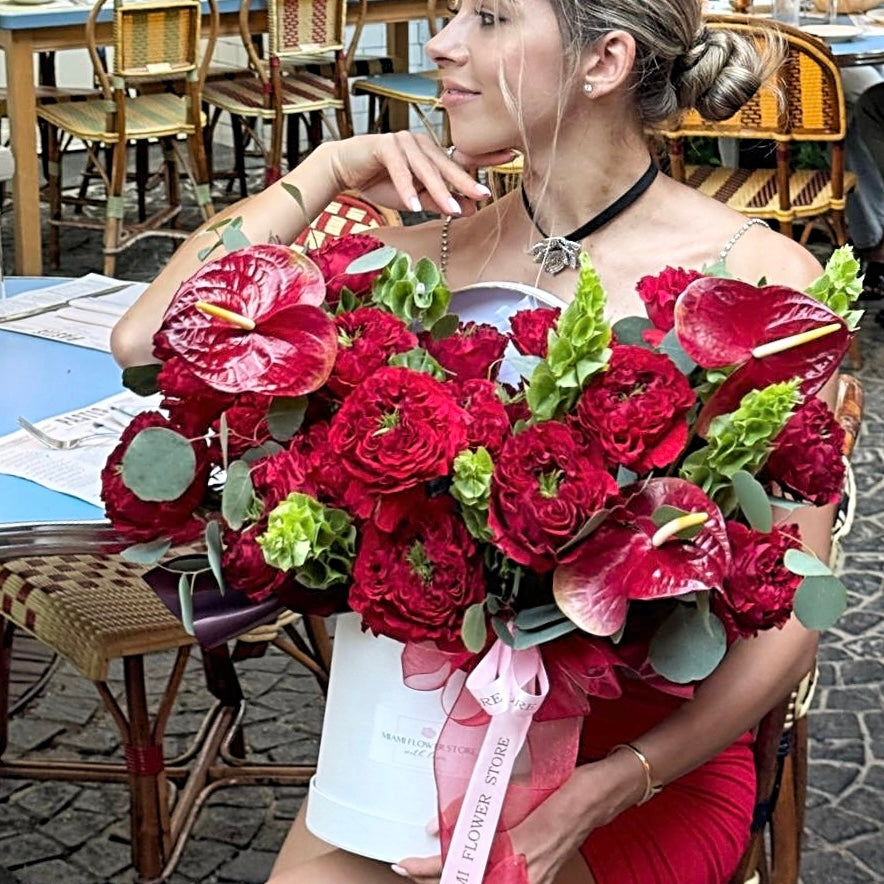 Garden Red Rose & Anthurium Flower Bouquet In A Box - Miami Flower Store Same-Day Delivery Fort Lauderdale Brickell Aventura Las Olas Hallendale Beach Hollywood Sunny Isles