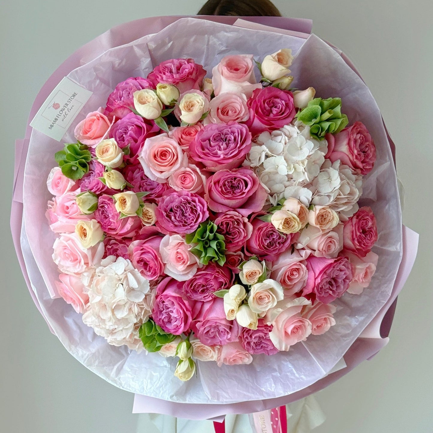 Purple & Pink Rose Flower Bouquet With Hydrangea & Spray Roses - Miami Flower Store Same-Day Delivery Fort Lauderdale Brickell Aventura Las Olas Hallendale Beach Hollywood Sunny Isles