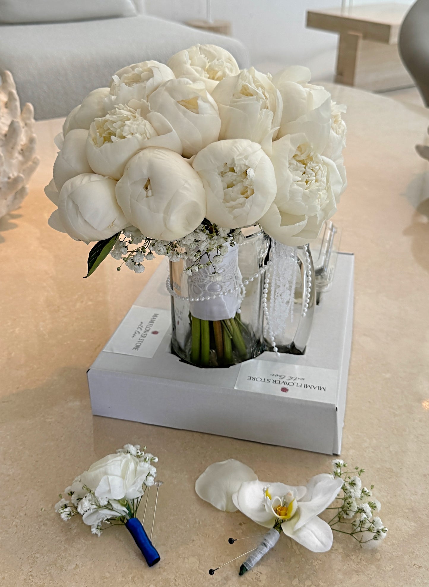 White Peony Bridal Flower Bouquet - Miami Flower Store Same-Day Delivery Fort Lauderdale Brickell Aventura Las Olas Hallendale Beach Hollywood Sunny Isles