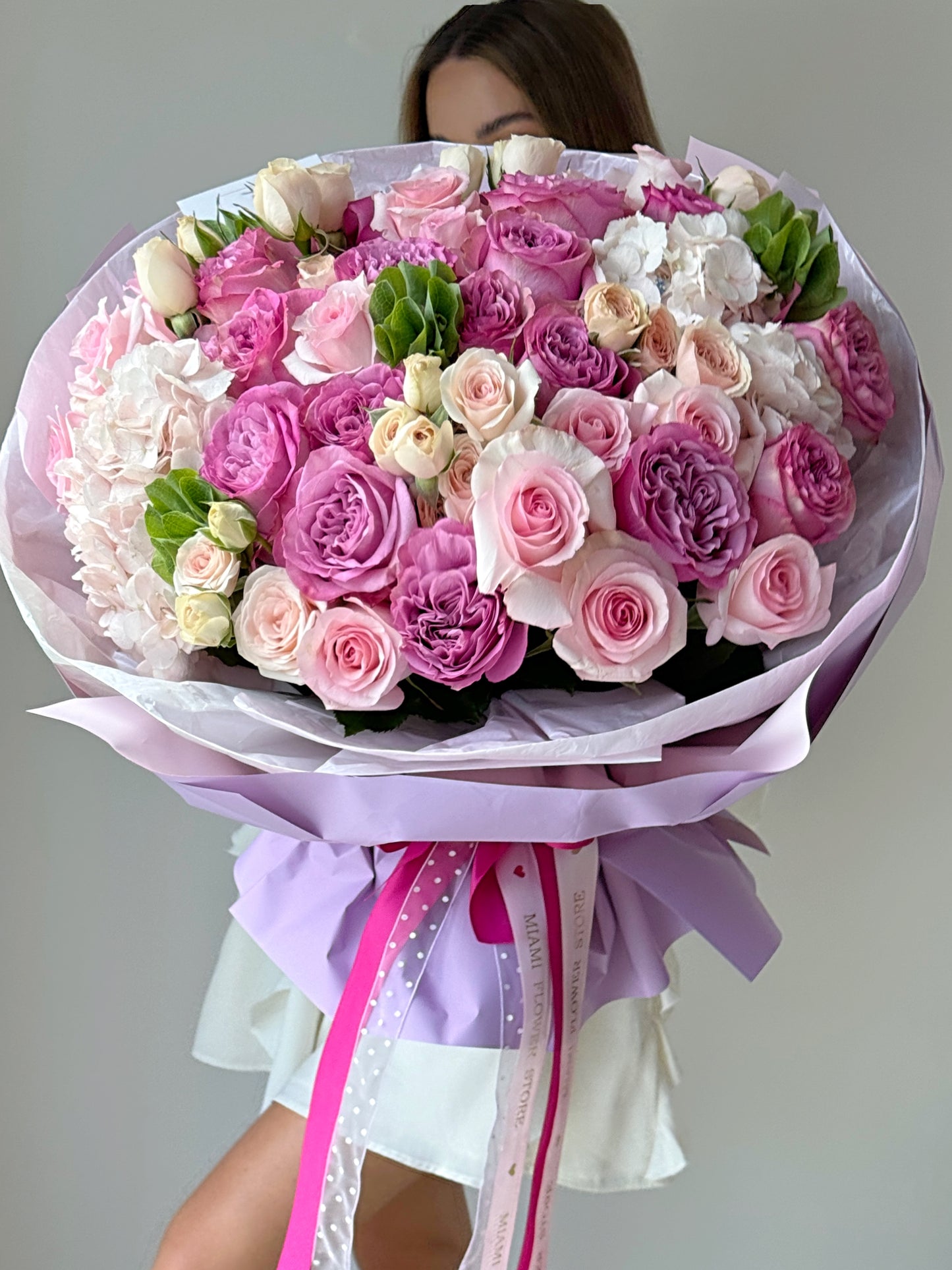 Purple & Pink Rose Flower Bouquet With Hydrangea & Spray Roses - Miami Flower Store Same-Day Delivery Fort Lauderdale Brickell Aventura Las Olas Hallendale Beach Hollywood Sunny Isles