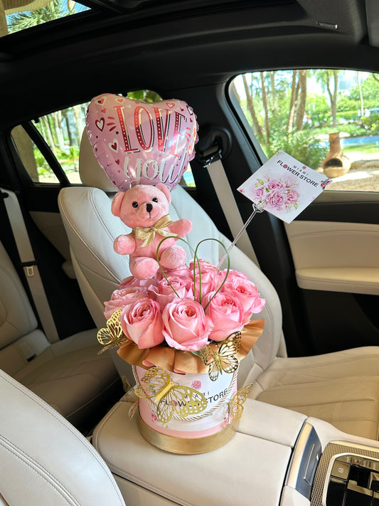 Rose Flower Bouquet In A Box With Butterflies, Bear And Balloon - Miami Flower Store Same-Day Delivery Fort Lauderdale Brickell Aventura Las Olas Hallendale Beach Hollywood Sunny Isles