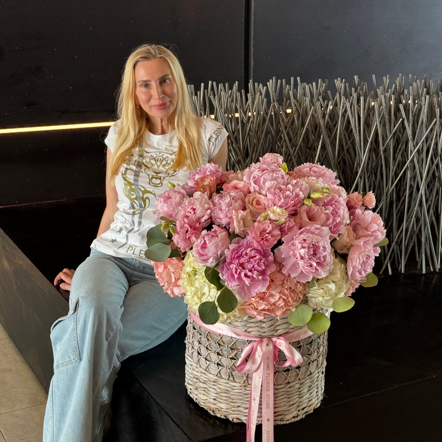 Pink Peonies In A Tall Basket In Miami - Miami Flower Store Same-Day Delivery Fort Lauderdale Brickell Aventura Las Olas Hallendale Beach Hollywood Sunny Isles