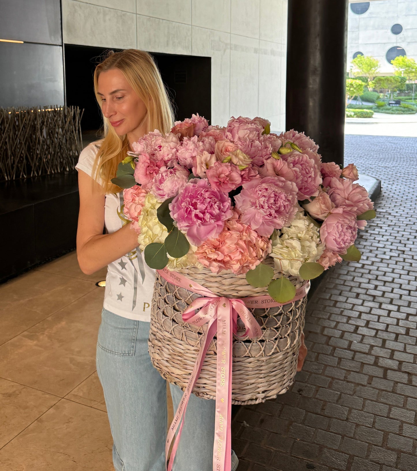 Pink Peonies In A Tall Basket In Miami - Miami Flower Store Same-Day Delivery Fort Lauderdale Brickell Aventura Las Olas Hallendale Beach Hollywood Sunny Isles