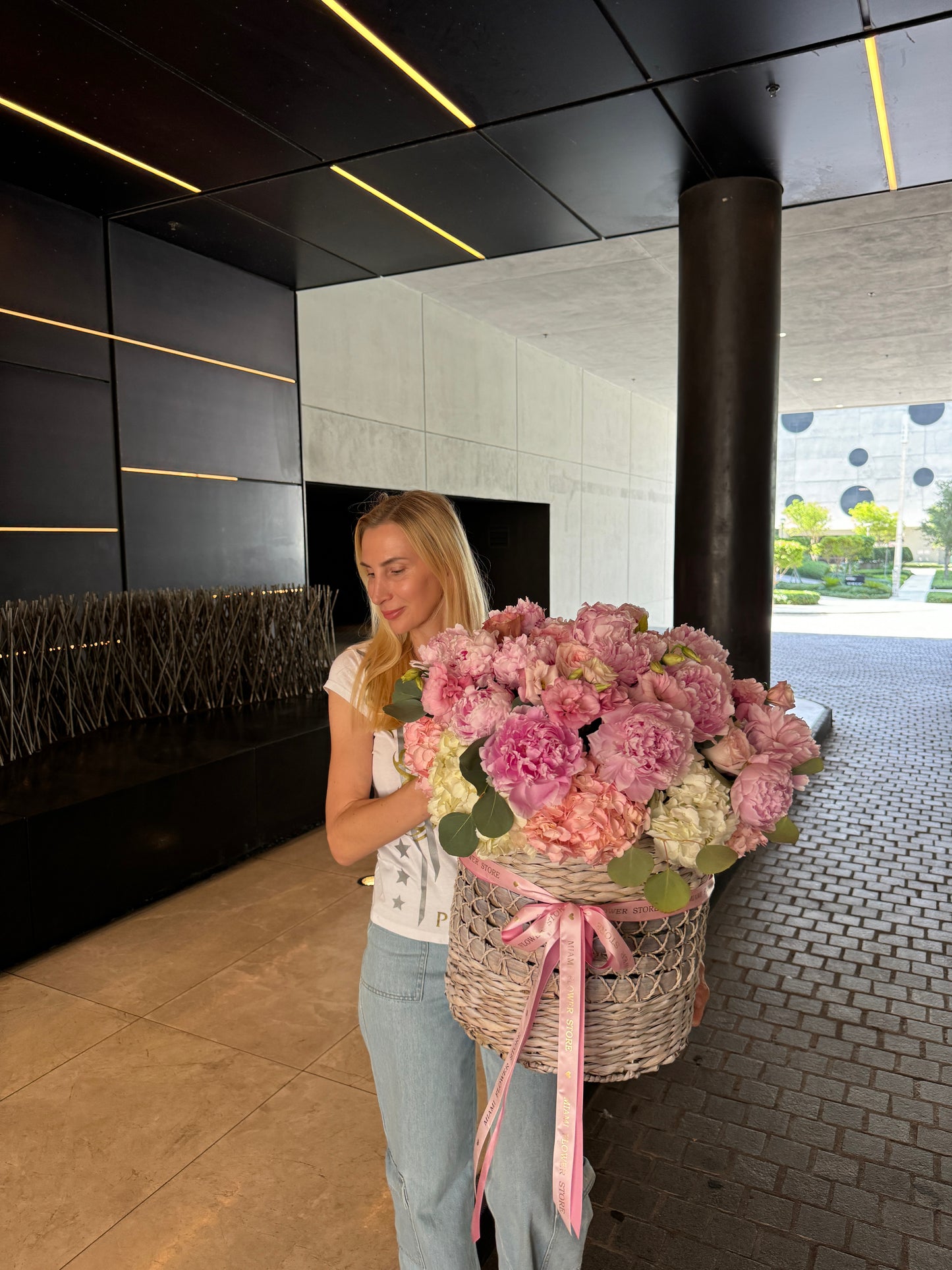 Pink Peonies In A Tall Basket In Miami - Miami Flower Store Same-Day Delivery Fort Lauderdale Brickell Aventura Las Olas Hallendale Beach Hollywood Sunny Isles