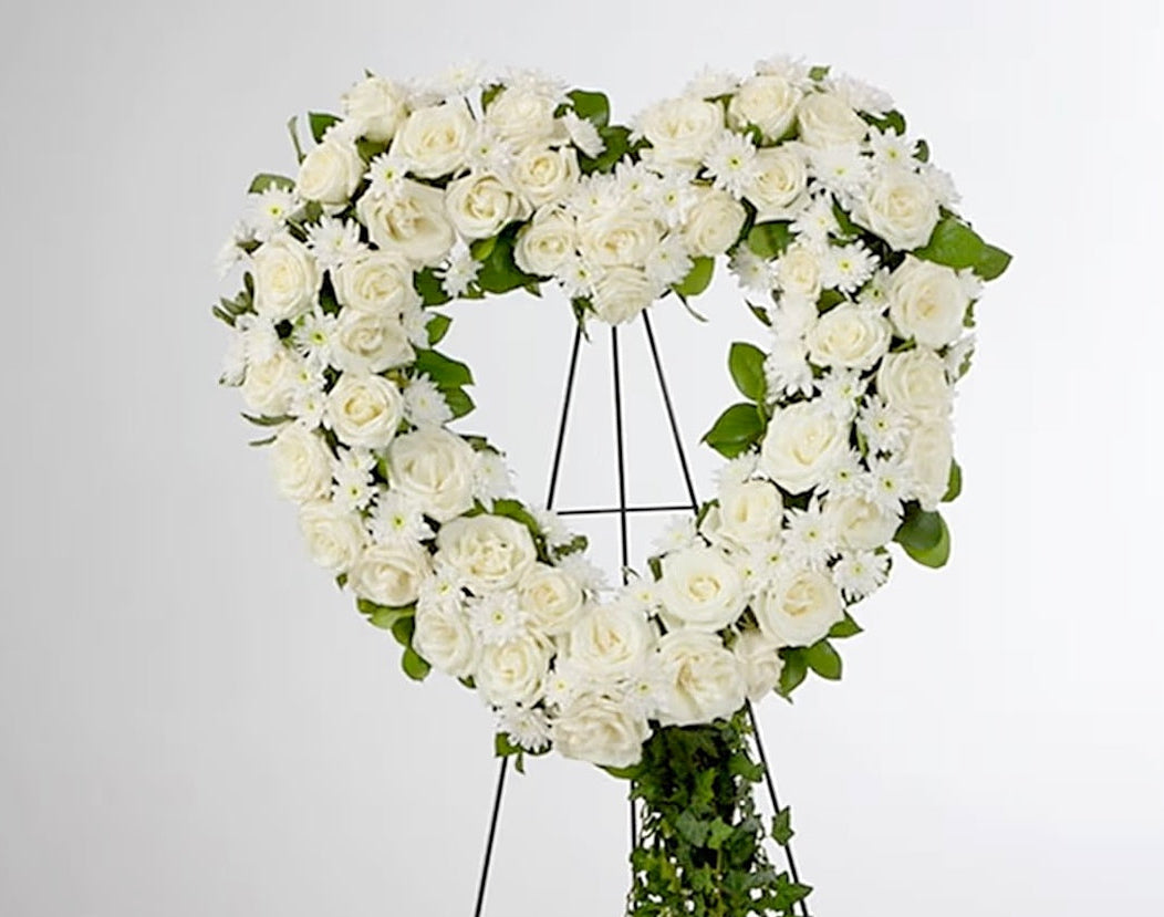 Open Hearts Sympathy Wreath White And Green - Miami Flower Store Same-Day Delivery Fort Lauderdale Brickell Aventura Las Olas Hallendale Beach Hollywood Sunny Isles