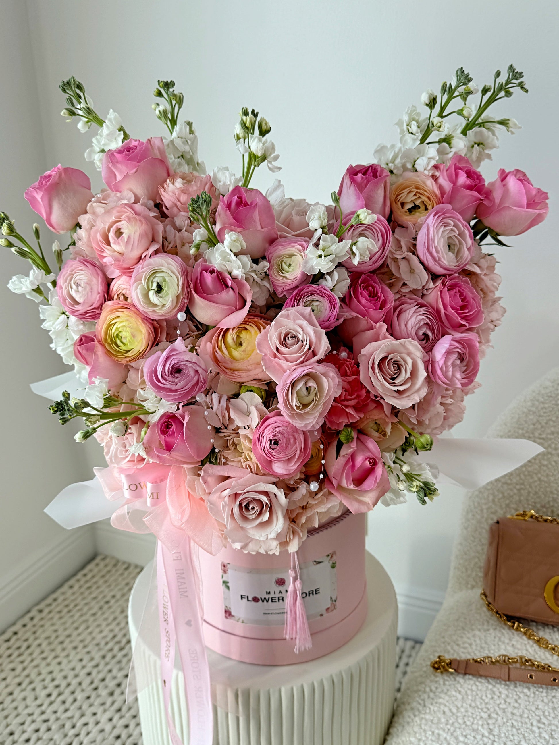 Roses & Ranunculus Heart Shaped Mix Flower Bouquet In A Box - Miami Flower Store Same-Day Delivery Fort Lauderdale Brickell Aventura Las Olas Hallendale Beach Hollywood Sunny Isles