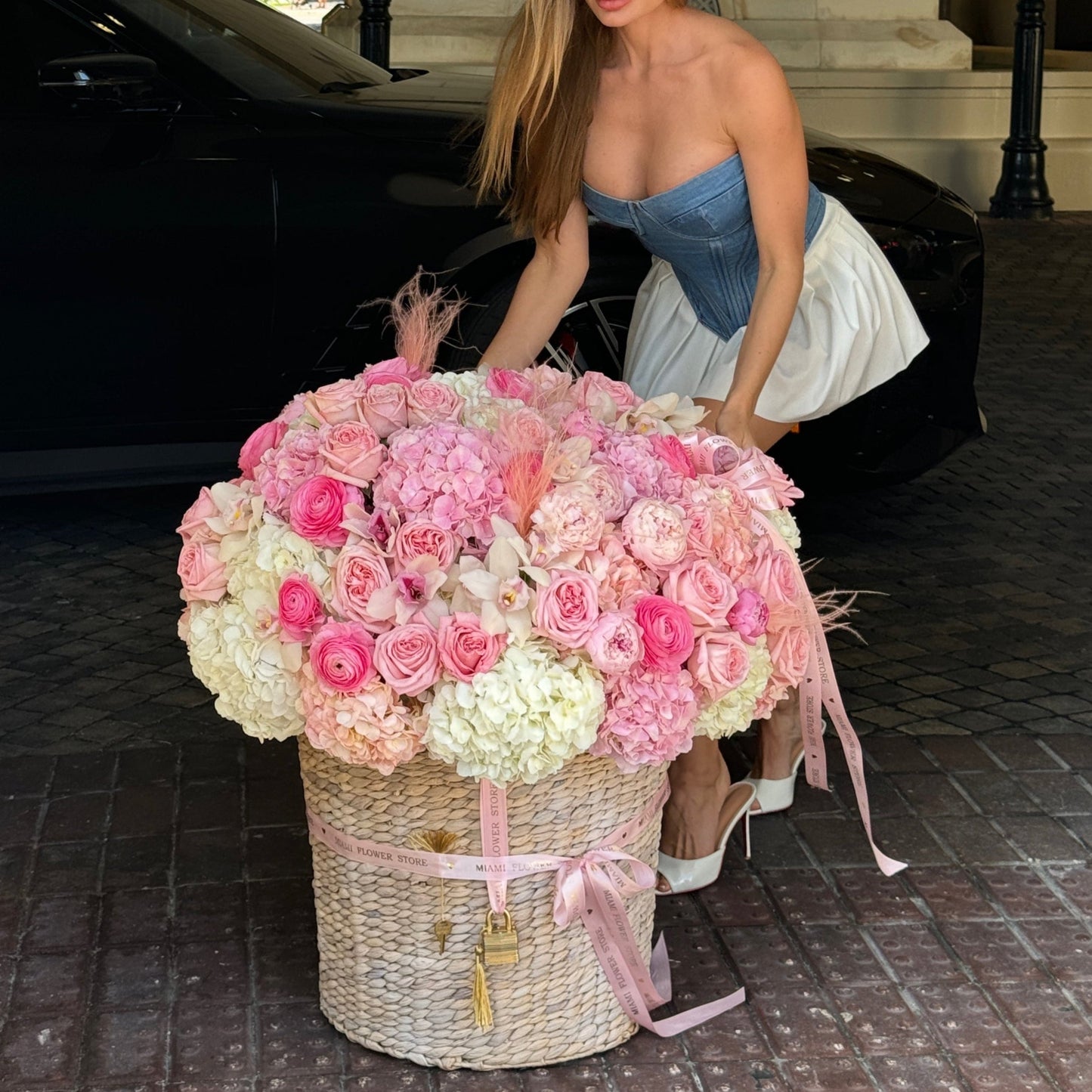 Peonies In A Basket In Miami With Roses, Hydrangea, Ranunculus - Miami Flower Store Same-Day Delivery Fort Lauderdale Brickell Aventura Las Olas Hallendale Beach Hollywood Sunny Isles