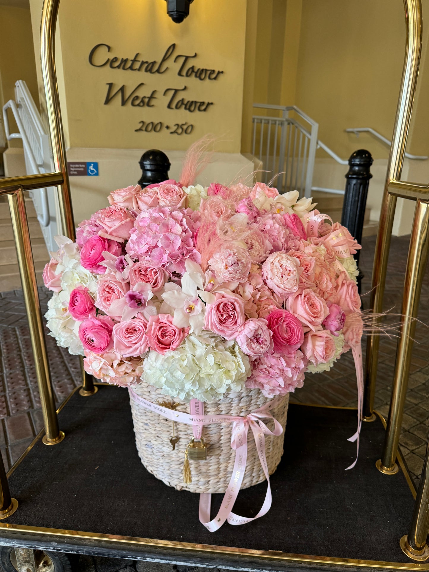 Peonies In A Basket In Miami With Roses, Hydrangea, Ranunculus - Miami Flower Store Same-Day Delivery Fort Lauderdale Brickell Aventura Las Olas Hallendale Beach Hollywood Sunny Isles