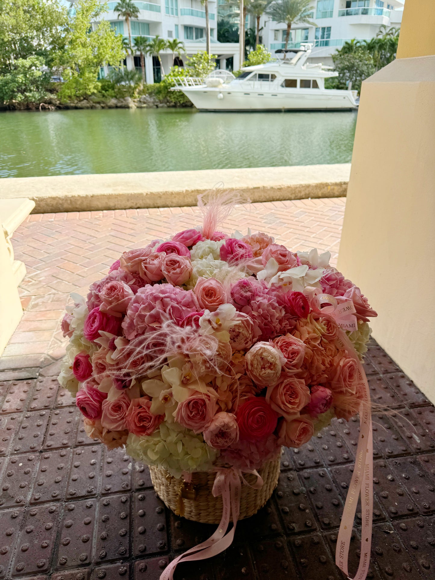 Peonies In A Basket In Miami With Roses, Hydrangea, Ranunculus - Miami Flower Store Same-Day Delivery Fort Lauderdale Brickell Aventura Las Olas Hallendale Beach Hollywood Sunny Isles