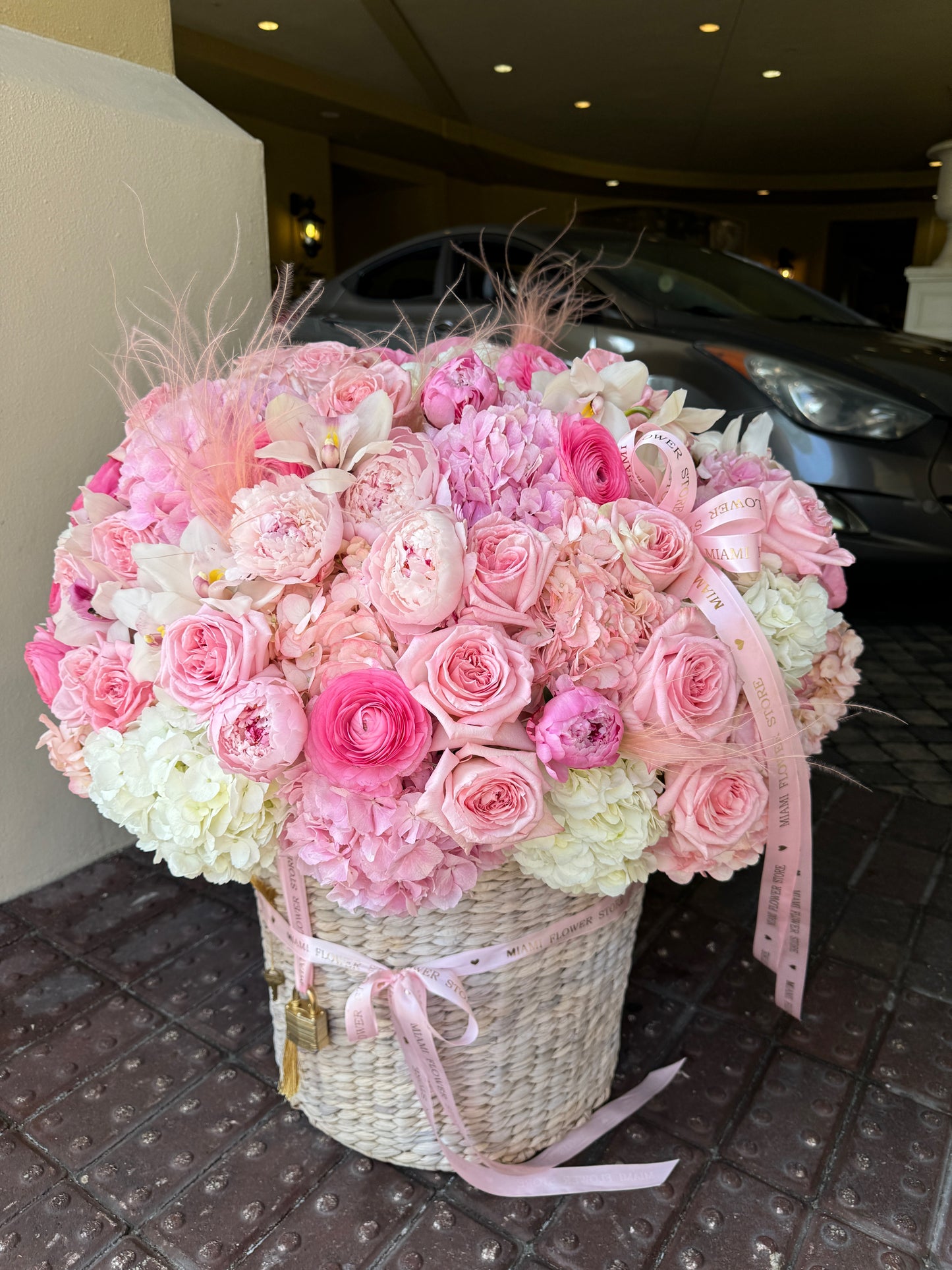 Peonies In A Basket In Miami With Roses, Hydrangea, Ranunculus - Miami Flower Store Same-Day Delivery Fort Lauderdale Brickell Aventura Las Olas Hallendale Beach Hollywood Sunny Isles