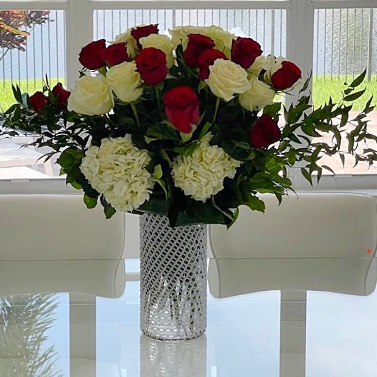 White & Red Roses With Hydrangea In A Vase