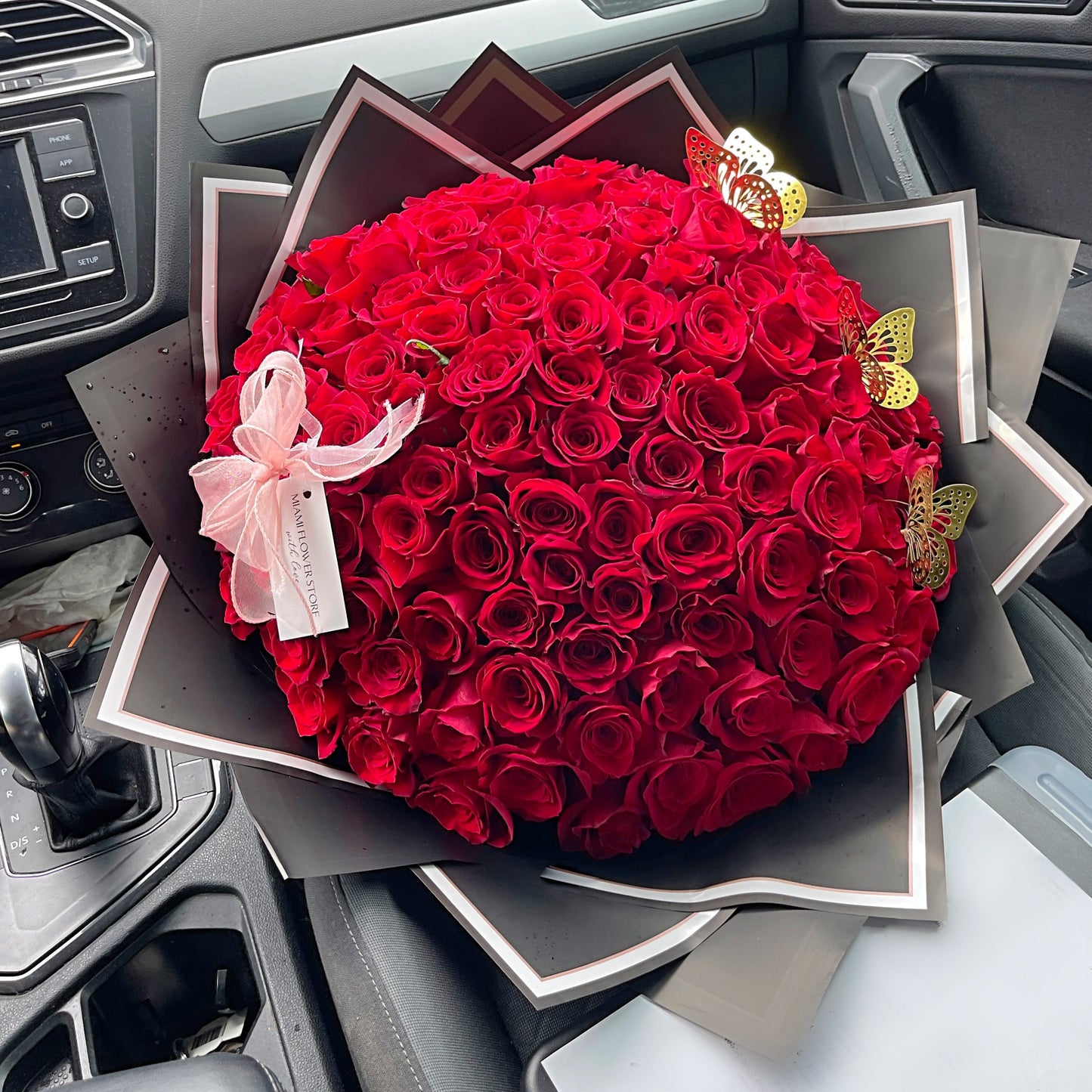 100 Red Rose Flower Bouquet With Gold Butterflies - Miami Flower Store Same-Day Delivery Fort Lauderdale Brickell Aventura Las Olas Hallendale Beach Hollywood Sunny Isles
