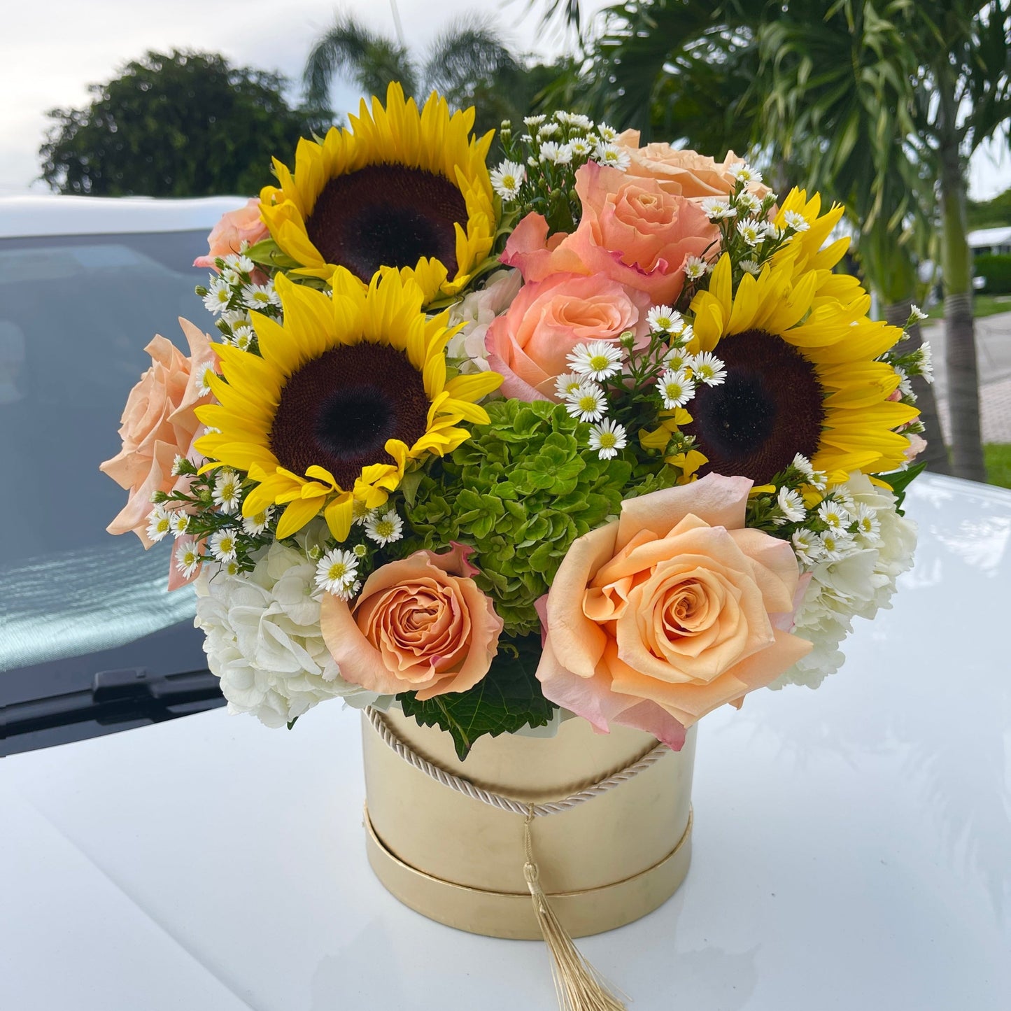 Sunflower, Roses, Solidago, & Greens Flower Bouquet In A Box - Miami Flower Store Same-Day Delivery Fort Lauderdale Brickell Aventura Las Olas Hallendale Beach Hollywood Sunny Isles