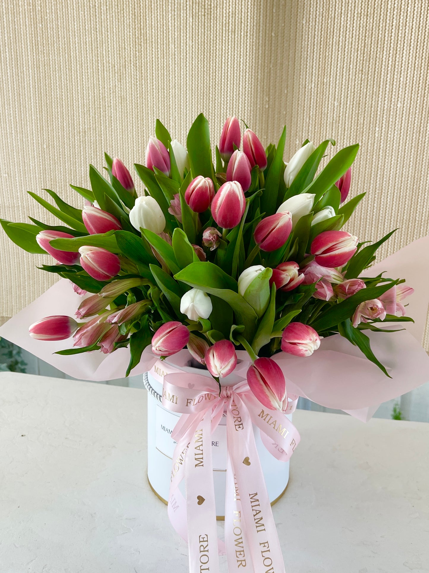 Tulips Flower Bouquet In A Box - Miami Flower Store Same-Day Delivery Fort Lauderdale Brickell Aventura Las Olas Hallendale Beach Hollywood Sunny Isles