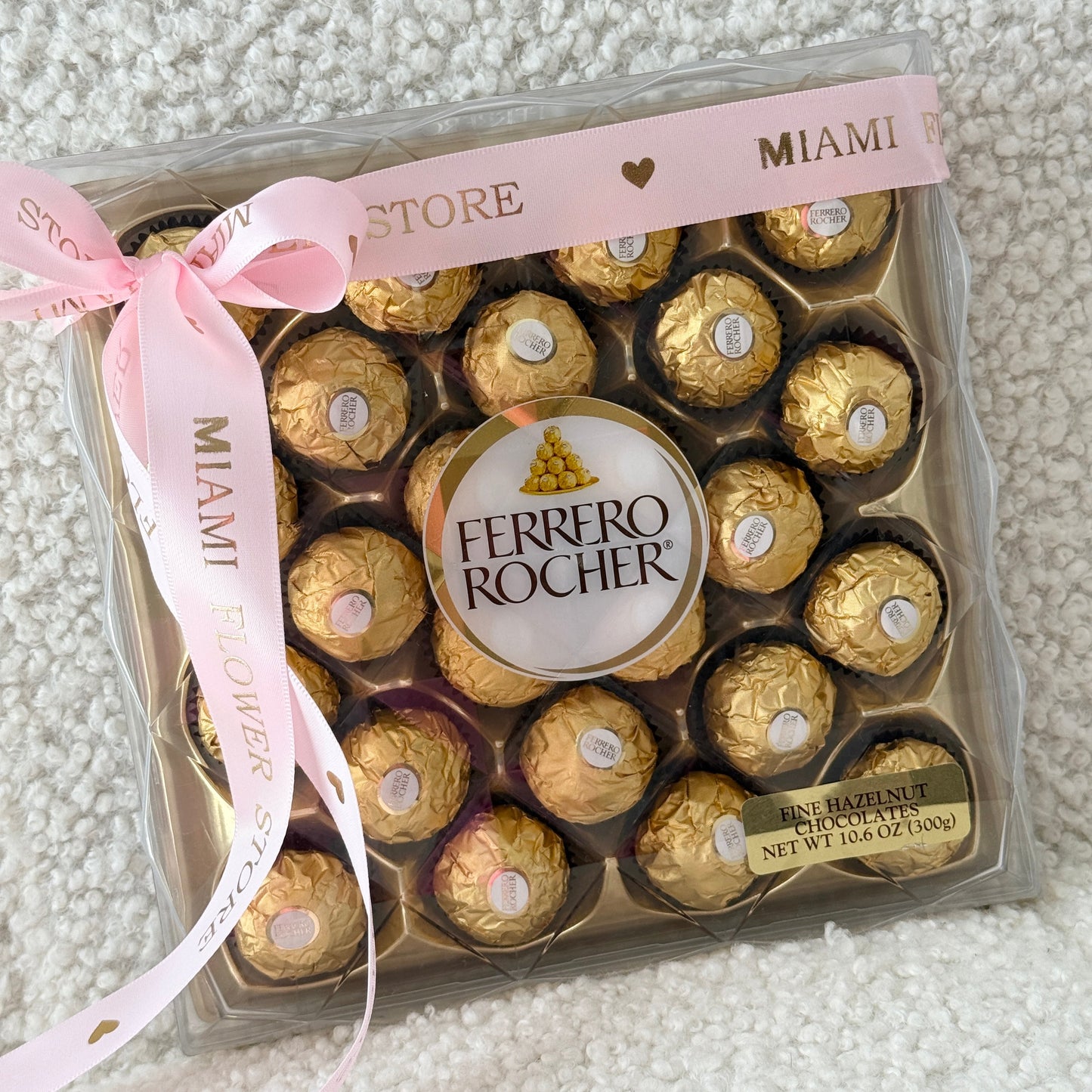 24 Pc. Ferrero Rocher Candy Box With Bow (300g) - Miami Flower Store Same-Day Delivery Fort Lauderdale Brickell Aventura Las Olas Hallendale Beach Hollywood Sunny Isles
