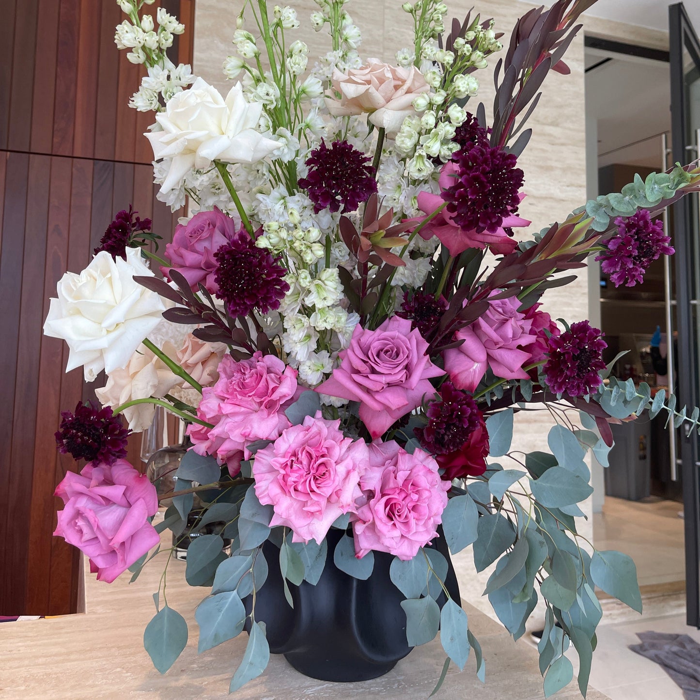 Purple Rose Flower Bouquet In A Vase With Delphinium, Scabiosa & Eucalyptus - Miami Flower Store Same-Day Delivery Fort Lauderdale Brickell Aventura Las Olas Hallendale Beach Hollywood Sunny Isles