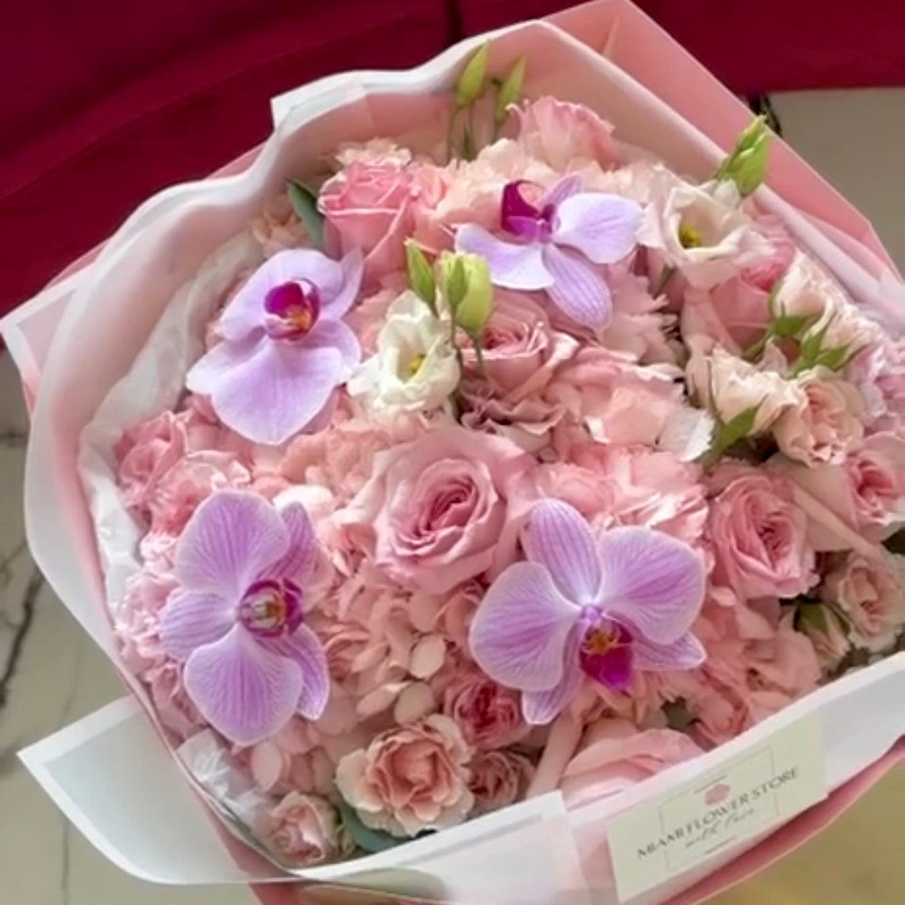 Pretty Pink Flower Bouquet With Orchids - Miami Flower Store Same-Day Delivery Fort Lauderdale Brickell Aventura Las Olas Hallendale Beach Hollywood Sunny Isles