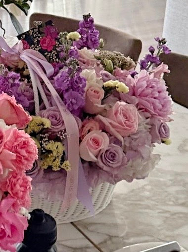 Purple Flower Basket Arrangement/ Peonies, Hydrangea, Stock, Spray Roses. - Miami Flower Store Same-Day Delivery Fort Lauderdale Brickell Aventura Las Olas Hallendale Beach Hollywood Sunny Isles