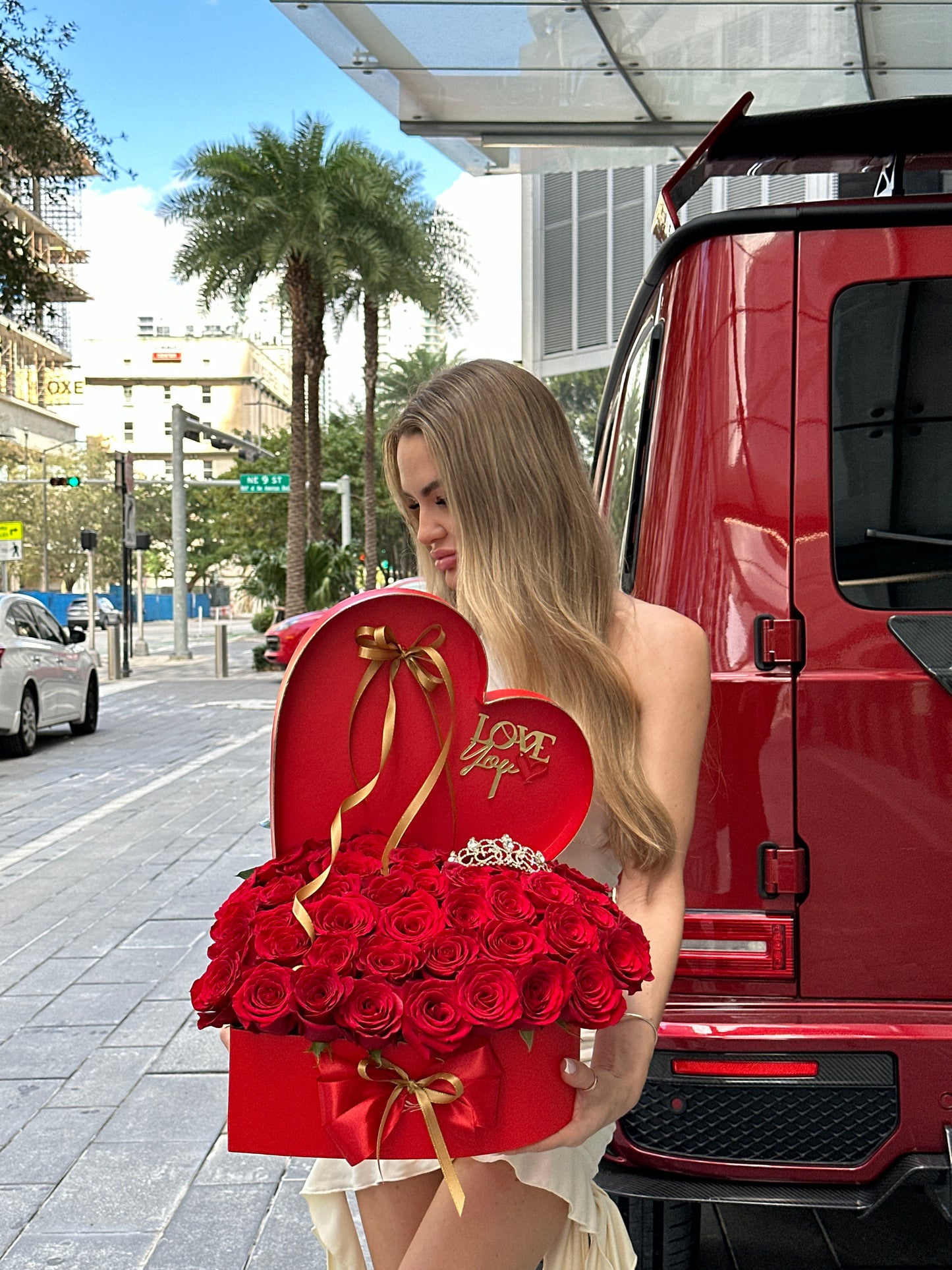 50 Red Rose Flower Bouquet In Heart Shaped Box - Miami Flower Store Same-Day Delivery Fort Lauderdale Brickell Aventura Las Olas Hallendale Beach Hollywood Sunny Isles