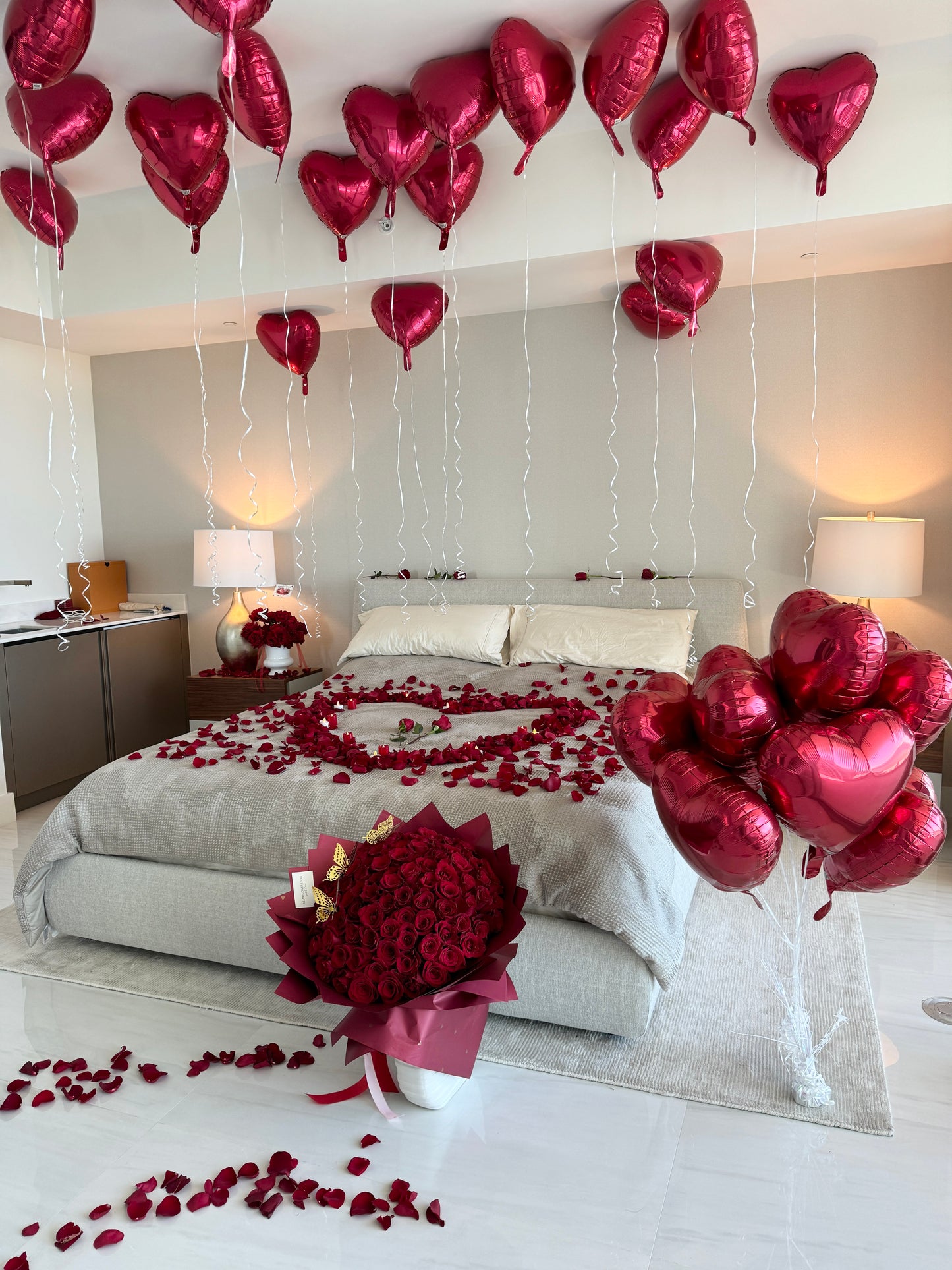 Romantic Room Decoration, 100 Red Rose Bouquet, Petals, Balloons, Candles & Chocolate - Miami Flower Store Same-Day Delivery Fort Lauderdale Brickell Aventura Las Olas Hallendale Beach Hollywood Sunny Isles
