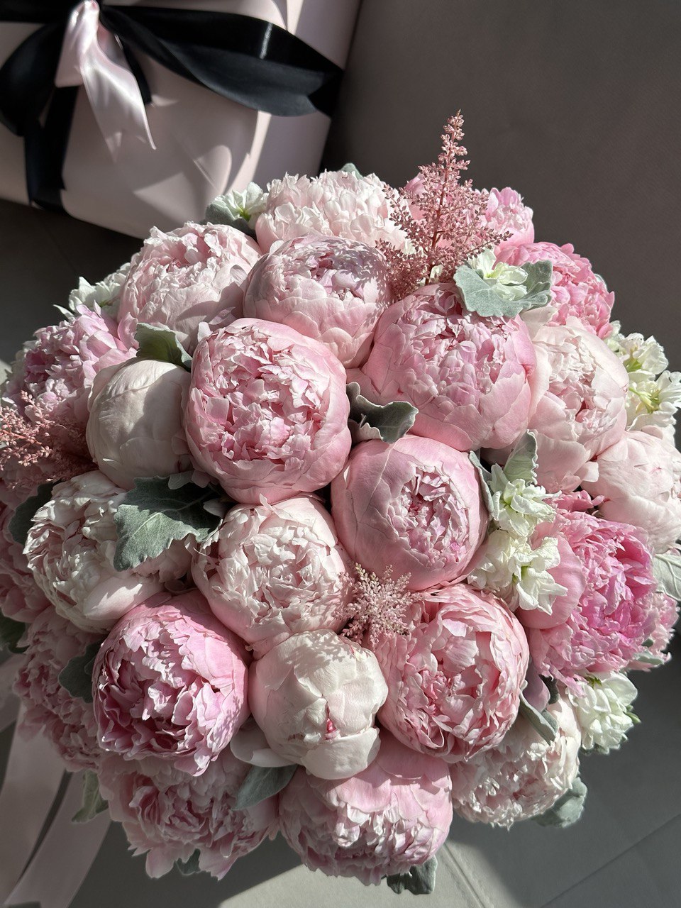 Peony Flower Bouquet In A Box With Greens - Miami Flower Store Same-Day Delivery Fort Lauderdale Brickell Aventura Las Olas Hallendale Beach Hollywood Sunny Isles