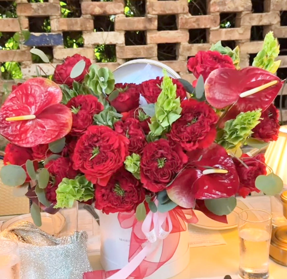 Garden Red Rose & Anthurium Flower Bouquet In A Box - Miami Flower Store Same-Day Delivery Fort Lauderdale Brickell Aventura Las Olas Hallendale Beach Hollywood Sunny Isles