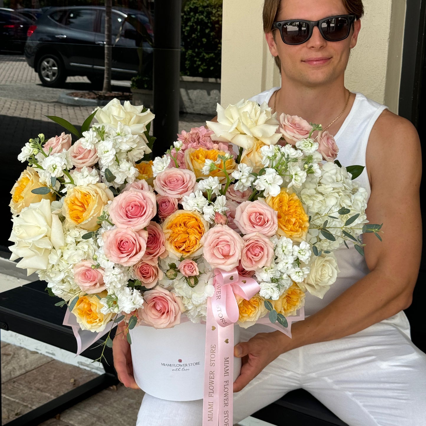 White, Pink & Yellow Roses in A Flower Box - Miami Flower Store Same-Day Delivery Fort Lauderdale Brickell Aventura Las Olas Hallendale Beach Hollywood Sunny Isles