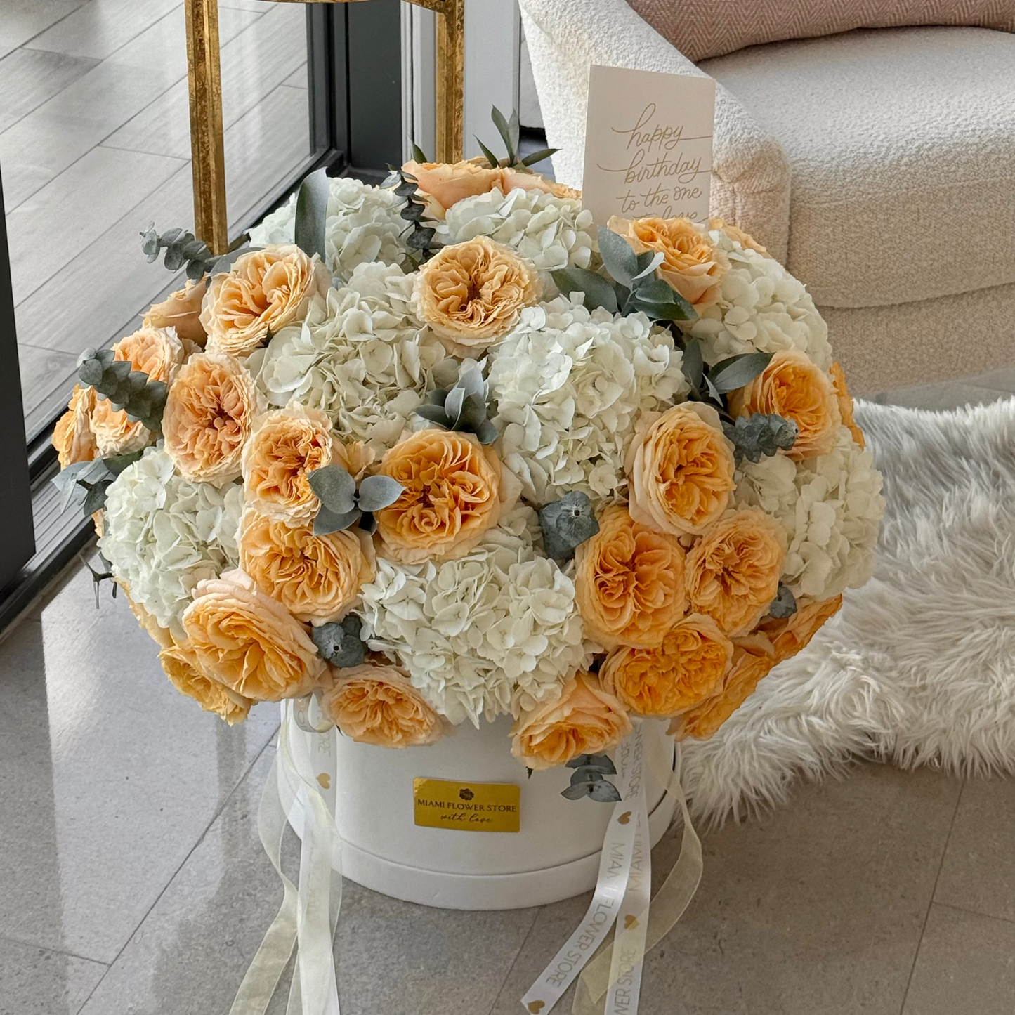 Yellow Rose & White Hydrangea Bouquet In A Box - Miami Flower Store Same-Day Delivery Fort Lauderdale Brickell Aventura Las Olas Hallendale Beach Hollywood Sunny Isles
