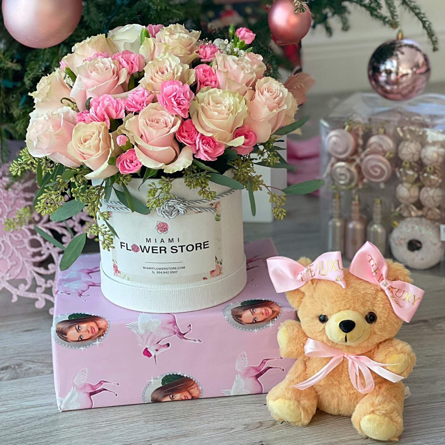 Teddy Bear & Rose Bouquet In Box|Romantic Flower Arrangement