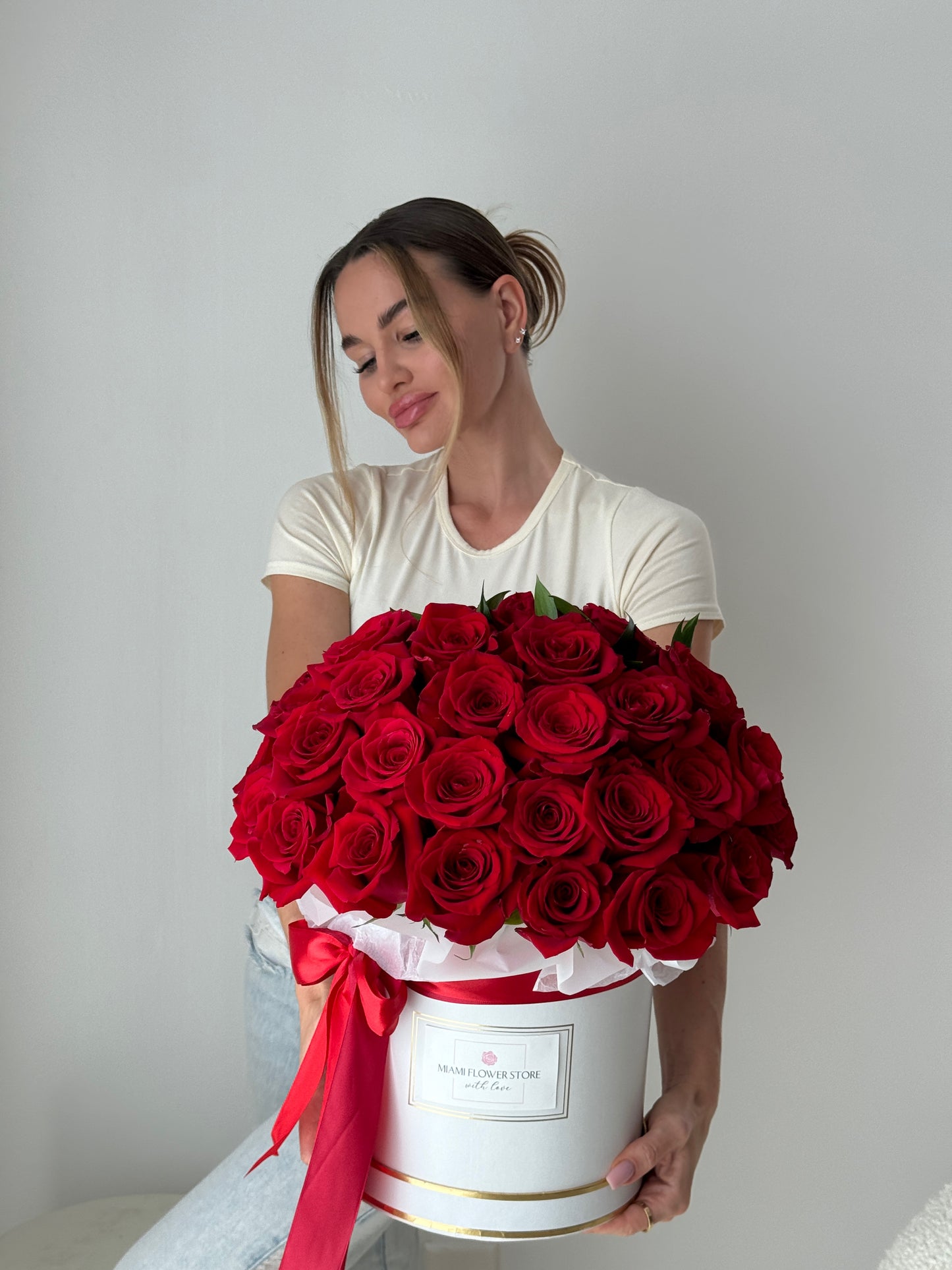 50 Classic Red Roses Flower Bouquet In Box - Miami Flower Store Same-Day Delivery Fort Lauderdale Brickell Aventura Las Olas Hallendale Beach Hollywood Sunny Isles