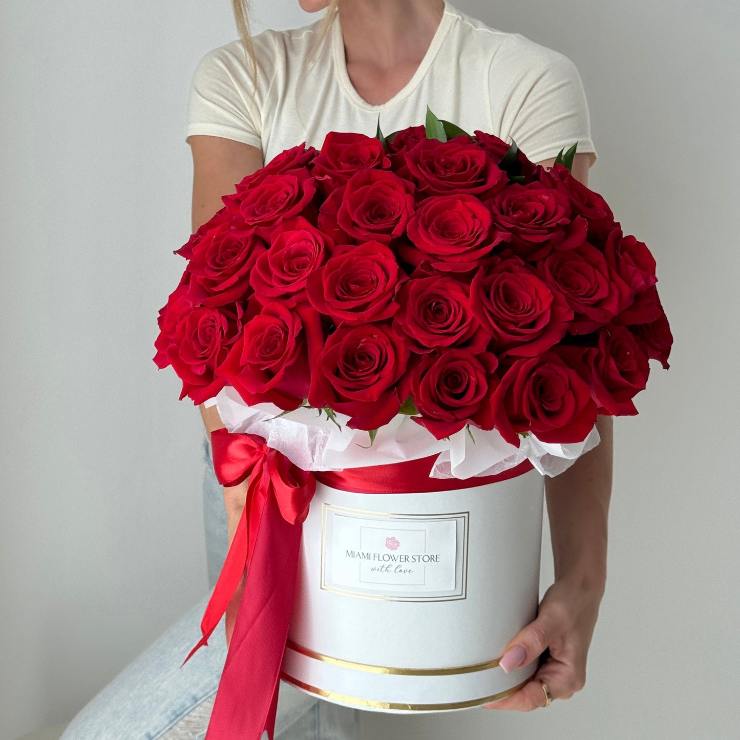 50 Classic Red Roses Flower Bouquet In Box - Miami Flower Store Same-Day Delivery Fort Lauderdale Brickell Aventura Las Olas Hallendale Beach Hollywood Sunny Isles