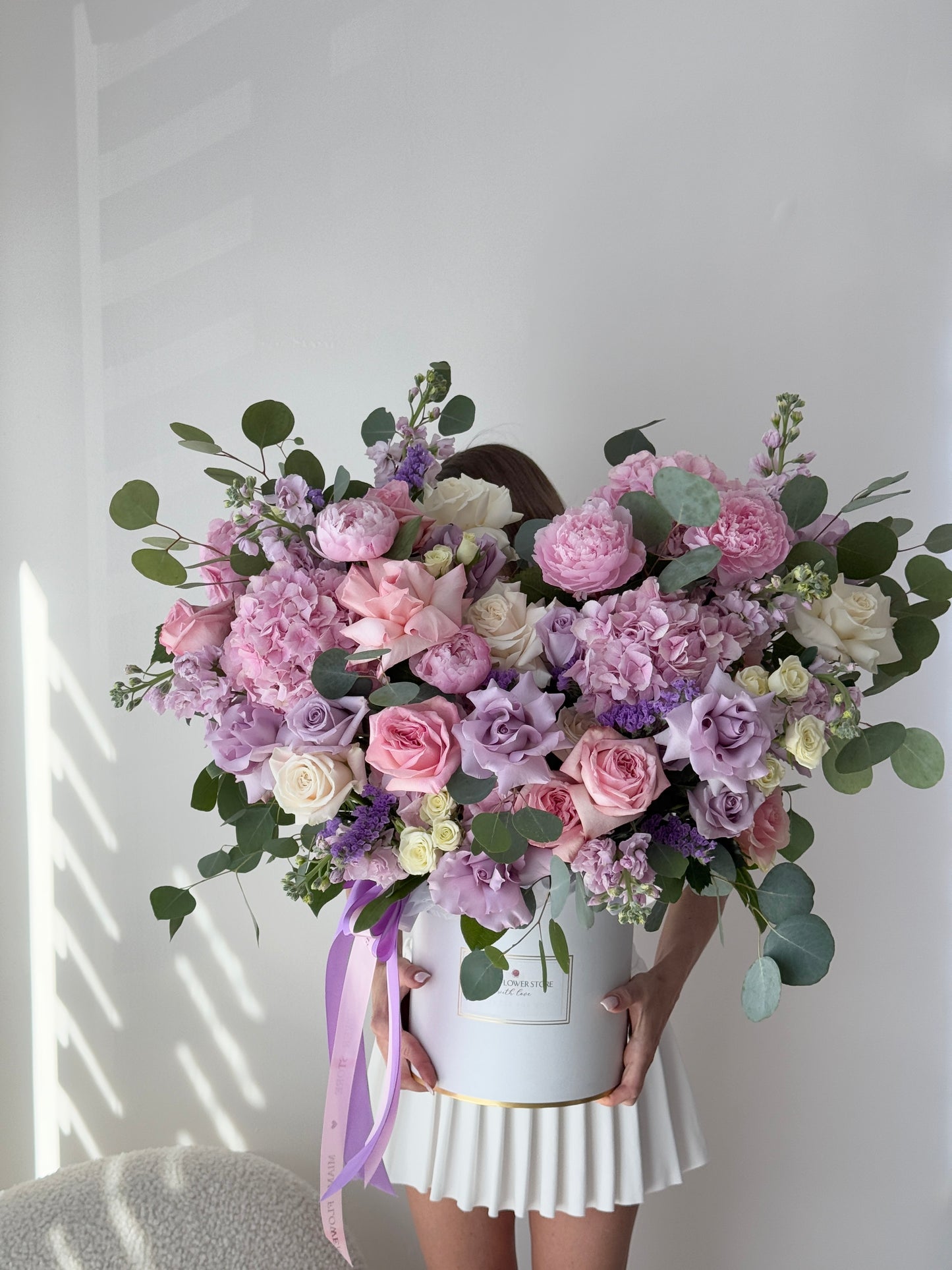 Peonies, Roses, Spray Roses, Stock Flower Bouquet In A Box - Miami Flower Store Same-Day Delivery Fort Lauderdale Brickell Aventura Las Olas Hallendale Beach Hollywood Sunny Isles
