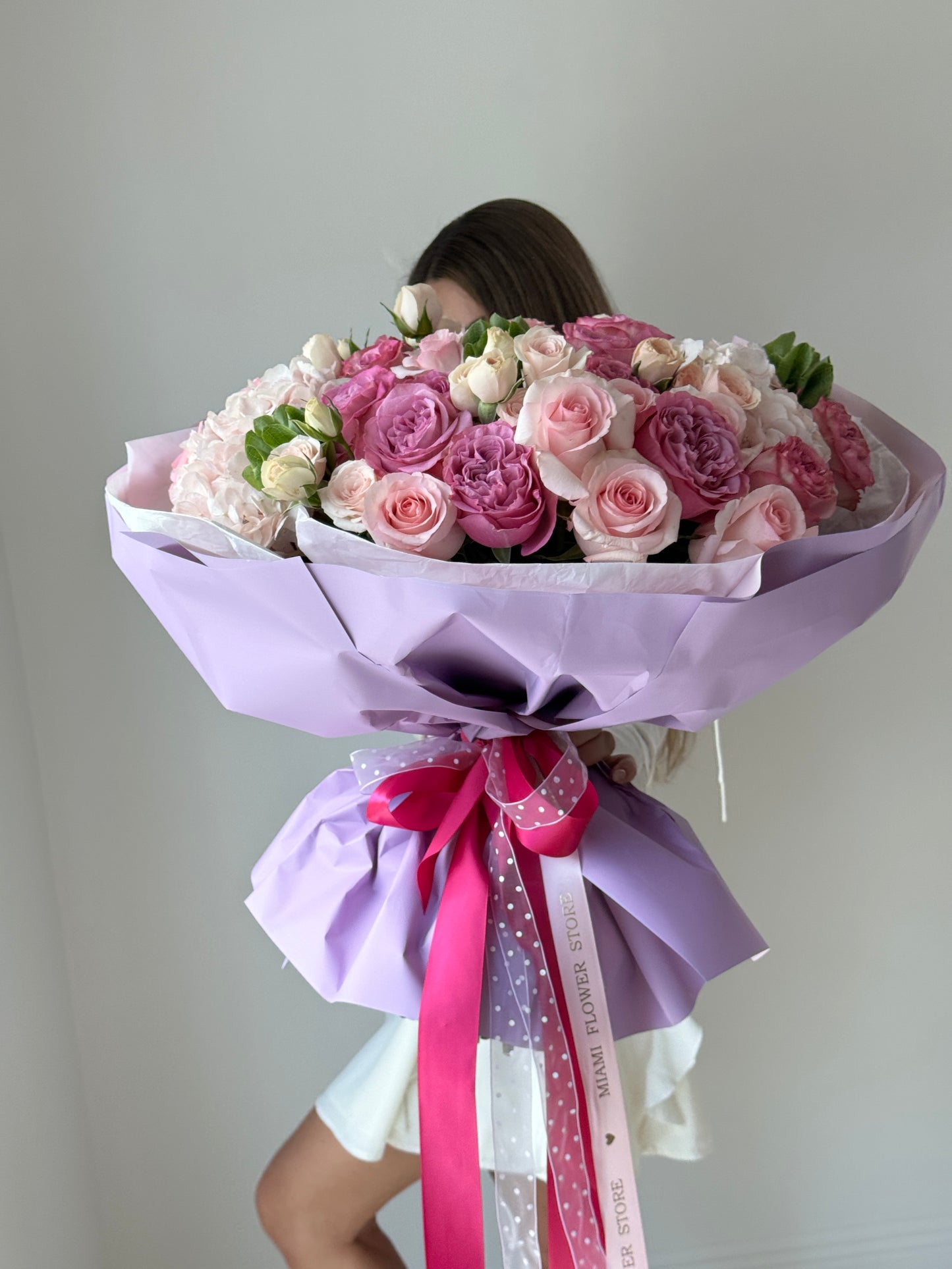 Purple & Pink Rose Flower Bouquet With Hydrangea & Spray Roses - Miami Flower Store Same-Day Delivery Fort Lauderdale Brickell Aventura Las Olas Hallendale Beach Hollywood Sunny Isles