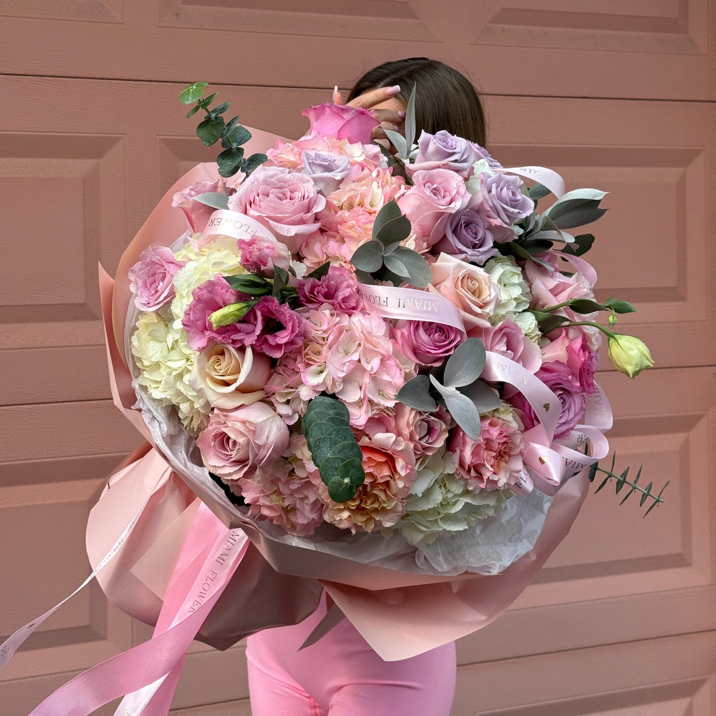 Pink & White Hydrangea Flower Bouquet With Roses & Spray Roses - Miami Flower Store Same-Day Delivery Fort Lauderdale Brickell Aventura Las Olas Hallendale Beach Hollywood Sunny Isles