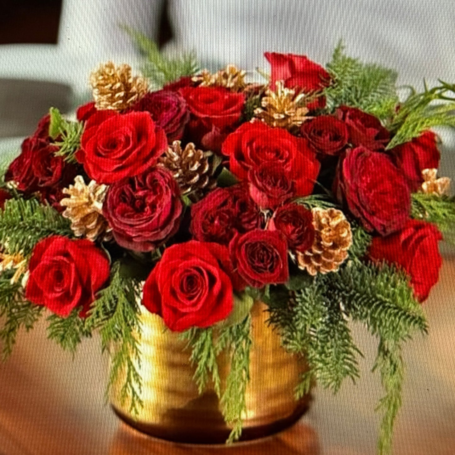 Christmas Arrangement With Fresh Red Roses And Pine Branches - Miami Flower Store Same-Day Delivery Fort Lauderdale Brickell Aventura Las Olas Hallendale Beach Hollywood Sunny Isles
