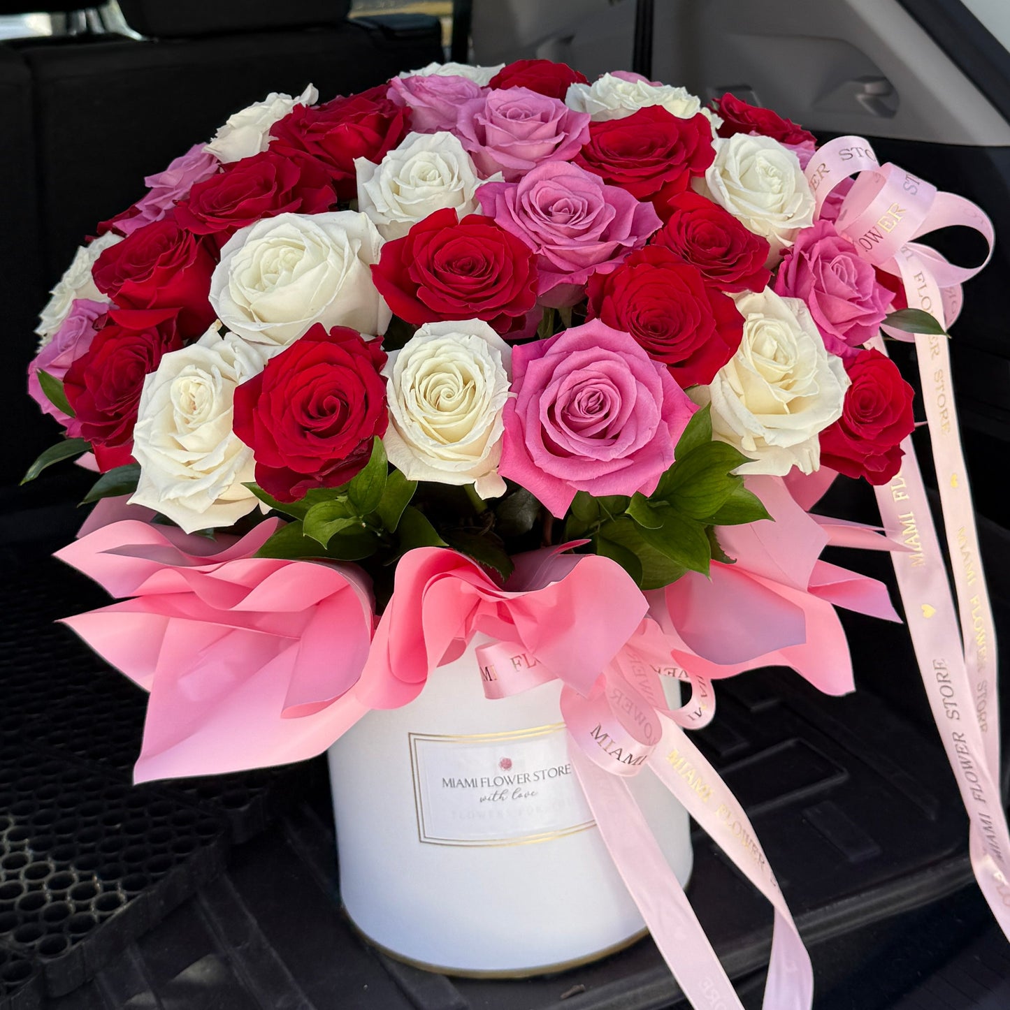 50 Colored Rose Flower Bouquet In a Box - Miami Flower Store Same-Day Delivery Fort Lauderdale Brickell Aventura Las Olas Hallendale Beach Hollywood Sunny Isles