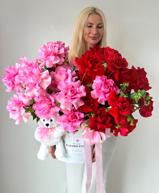 Red & Pink Rose Flower Bouquet In Box & Stuffed Bear - Miami Flower Store Same-Day Delivery Fort Lauderdale Brickell Aventura Las Olas Hallendale Beach Hollywood Sunny Isles